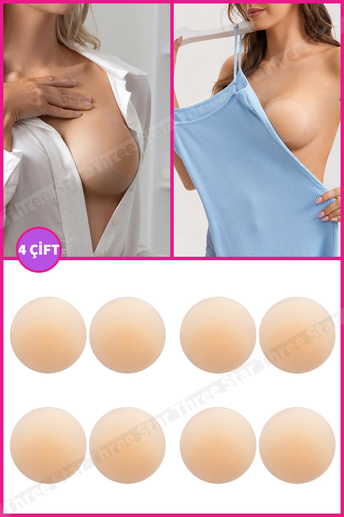 Three Star 4 Çift Silikon Göğüs Ucu Gizleyici Ve Kapatıcı Kadın Meme Ucu Kapatıcı Gizleyici Aparat Nipple Pad