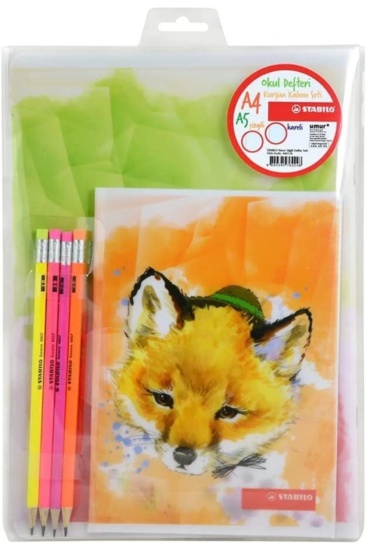 Stabilo-2 Pcs Plastic Cover Notebook And 4 Pcs Pencil 1 Pcs A5 40 Yp Lined 1 Pcs A4 40 Yp Checked 1