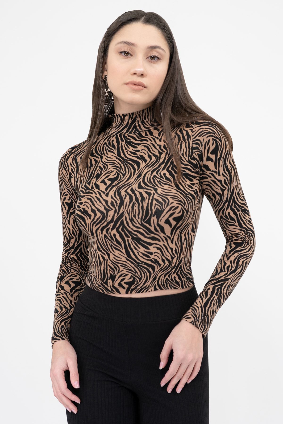 Soyo-Brown Black Zebra Patterned Viscose Half Turtleneck Long Sleeve Blouse 3