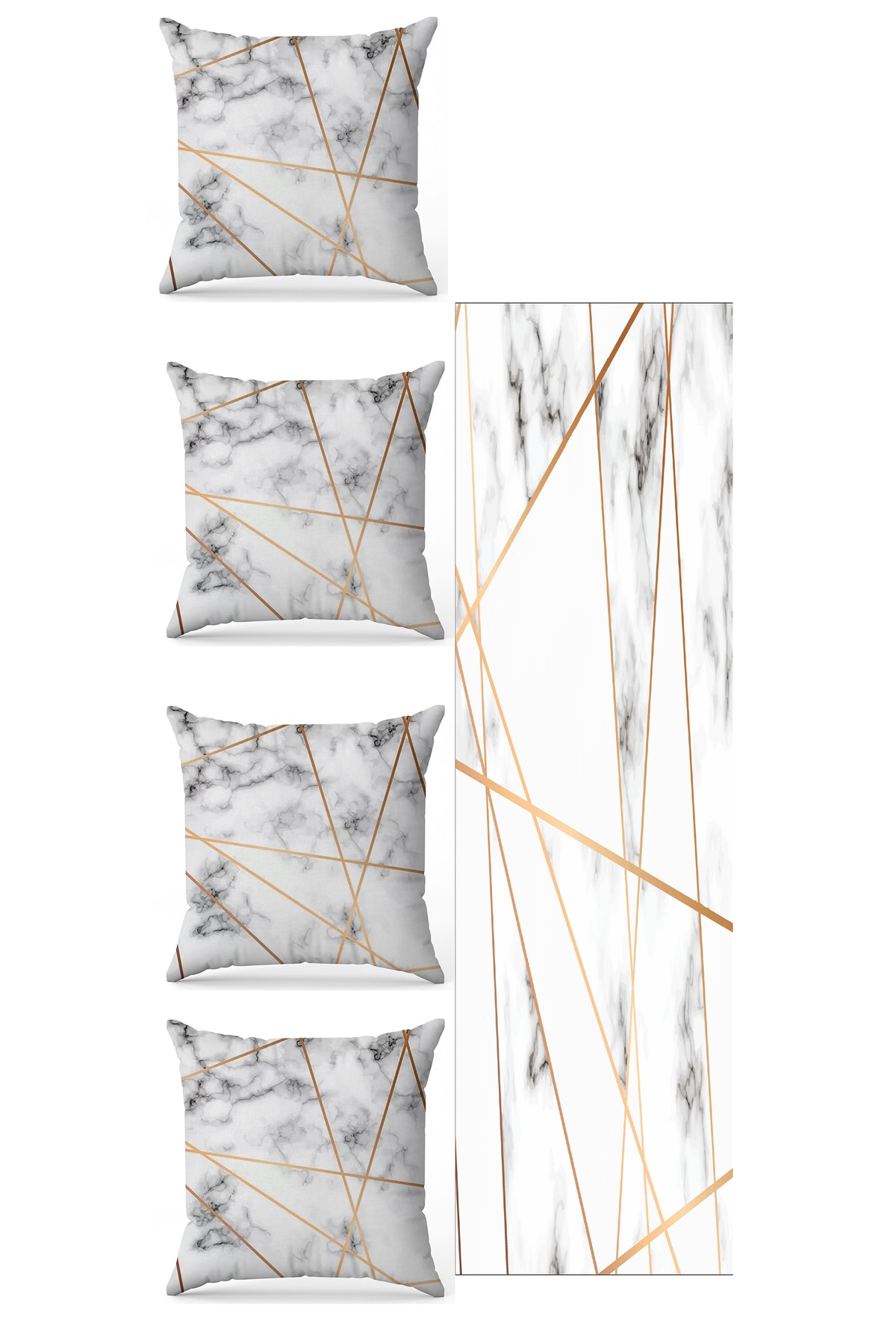 BY Fatih Concept Gold Detaylı Beyaz Mermer5 Parça Çift Taraf Baskılı Özel Tasarım Kırlent Kılıfı Runner Seti