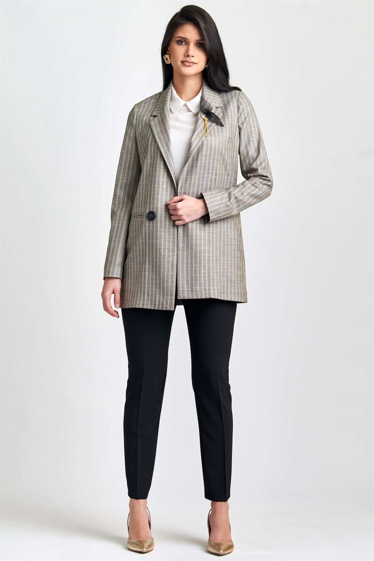 Esswaap-Striped Open Front Double Breasted Buttoned Jacket 2