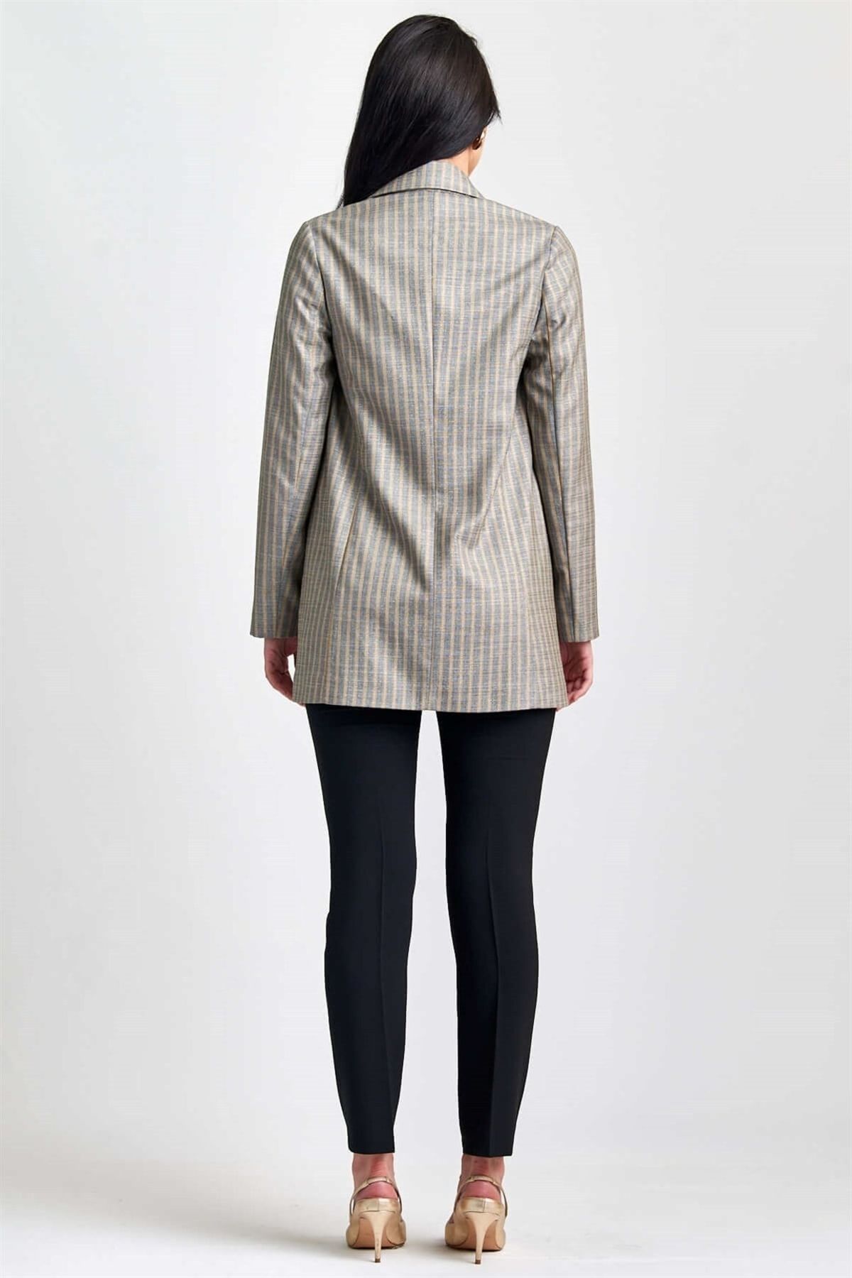 Esswaap-Striped Open Front Double Breasted Buttoned Jacket 6