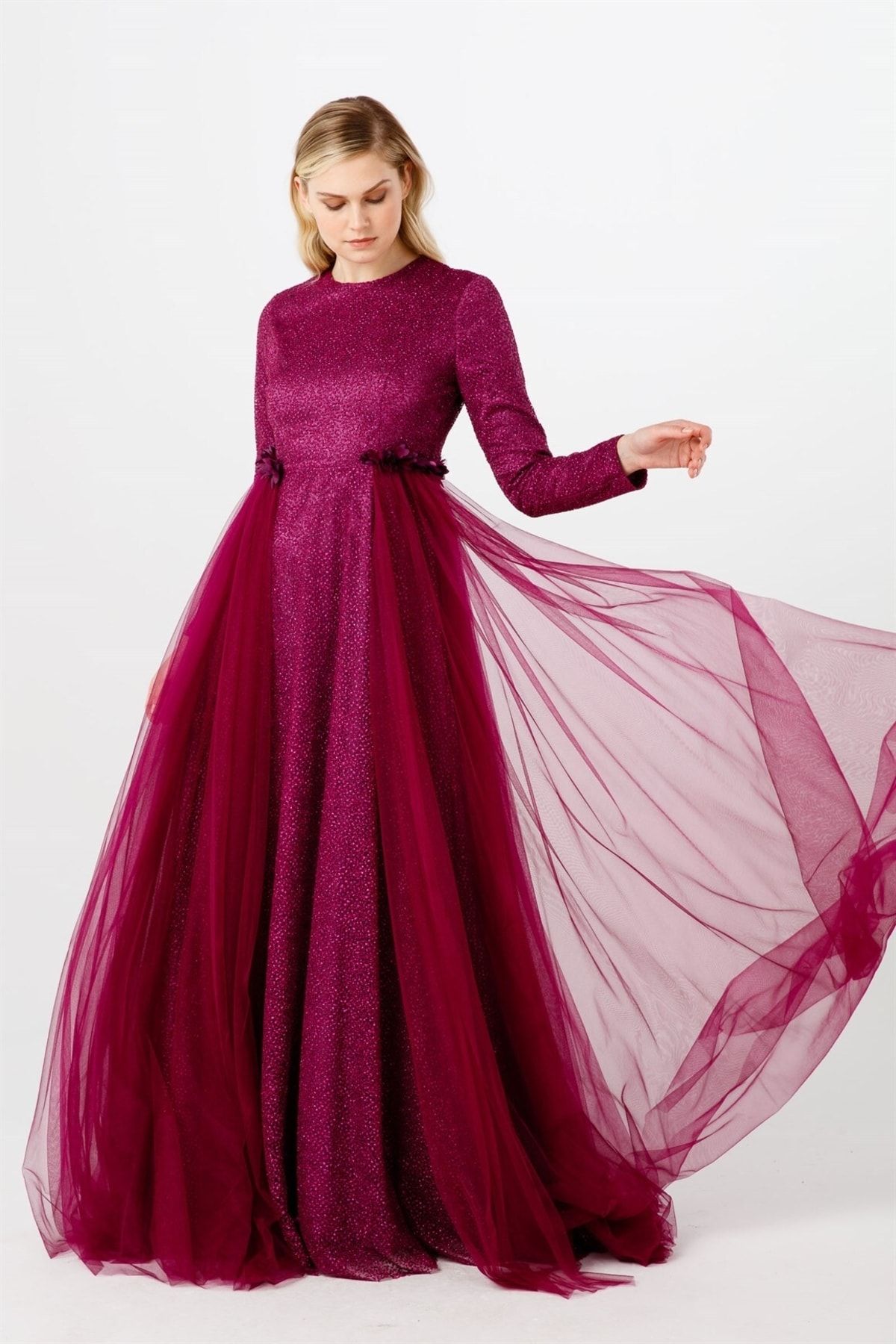 Esswaap-Fuchsia Bud Lace Evening Dress with Shirred Sides and Strings 2