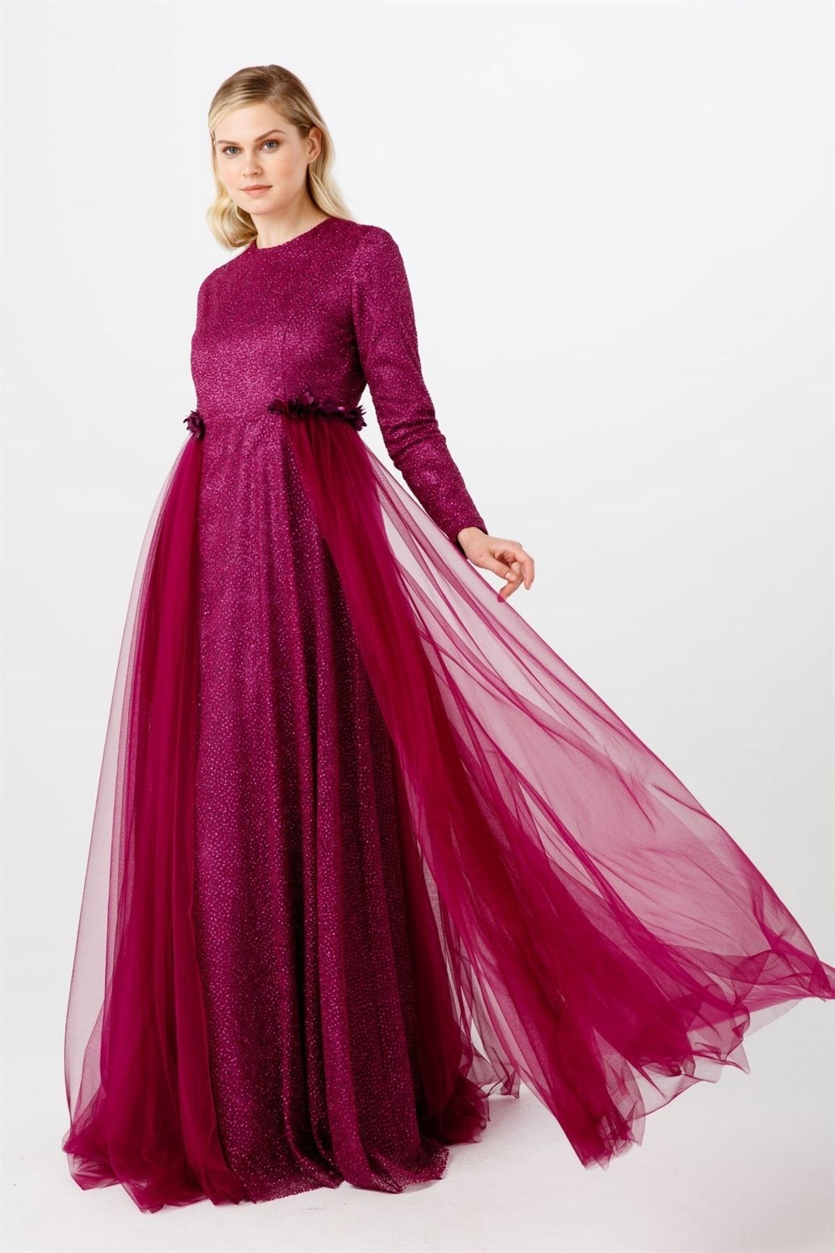 Esswaap-Fuchsia Bud Lace Evening Dress with Shirred Sides and Strings 3