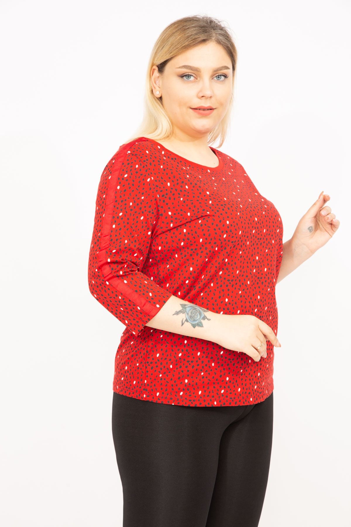 Şans-Women's Red Plus Size Cotton Fabric Sleeves Striped Blouse 65n35775 3