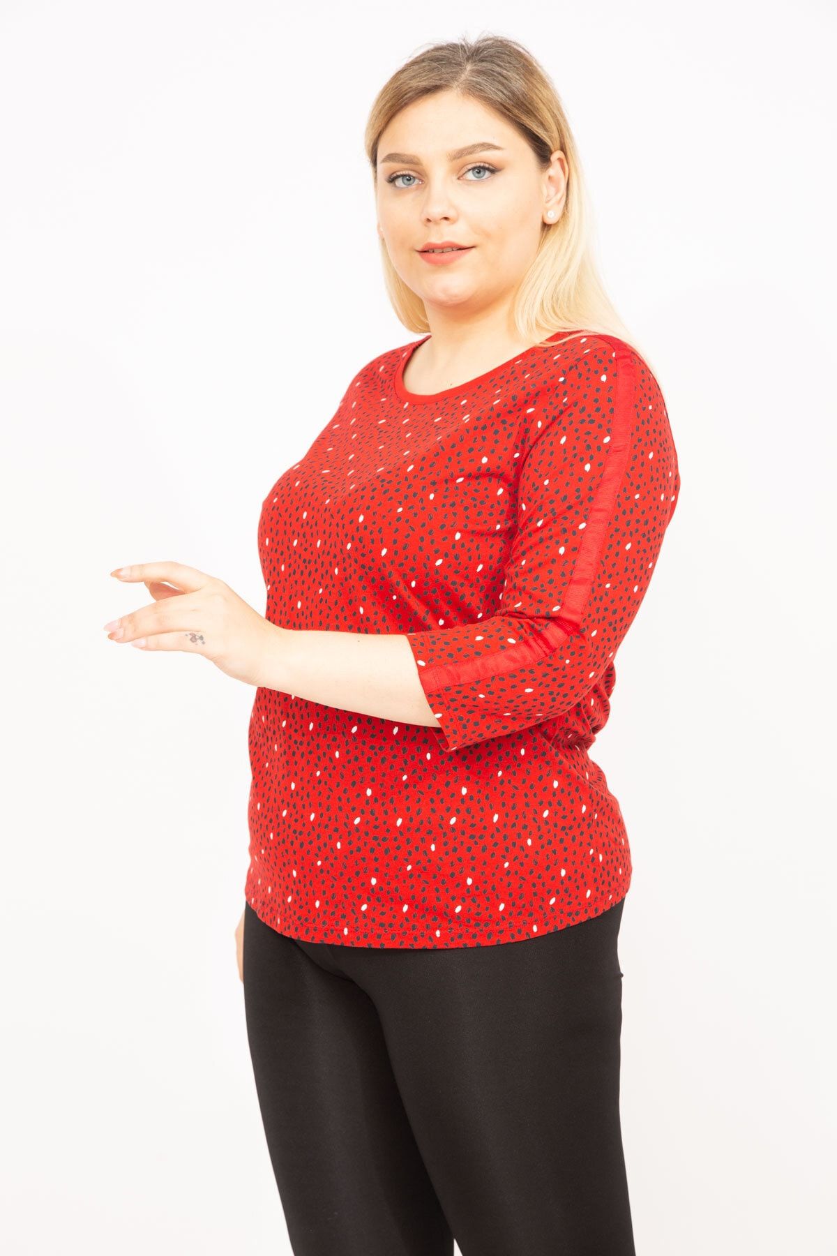 Şans-Women's Red Plus Size Cotton Fabric Sleeves Striped Blouse 65n35775 4