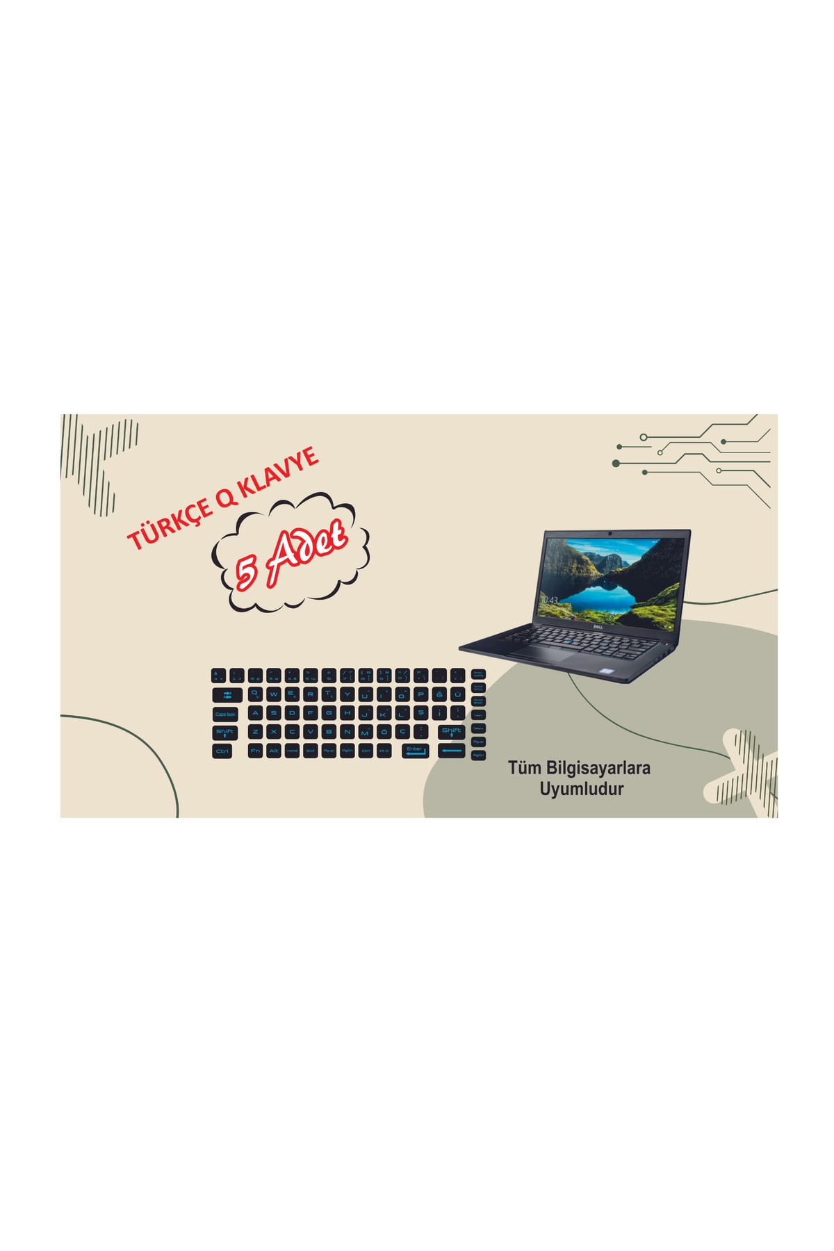 5 Adet Klavye Sticker, Türkçe Q Klavye Etiketi Laptop Pc Sticker Mavi