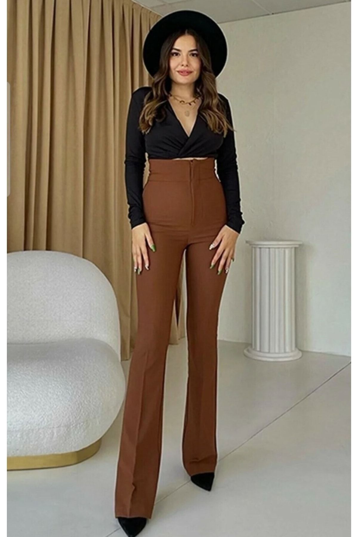 LİMABEL Women's Brown Flare Leg Fabric High Waist Trousers - Trendyol