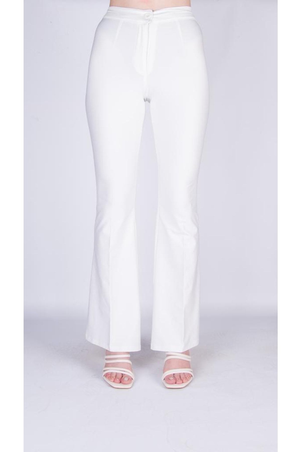 Modoo Tekstil-Pantaloni evazați cu fermoar cu talie înaltă albi 3