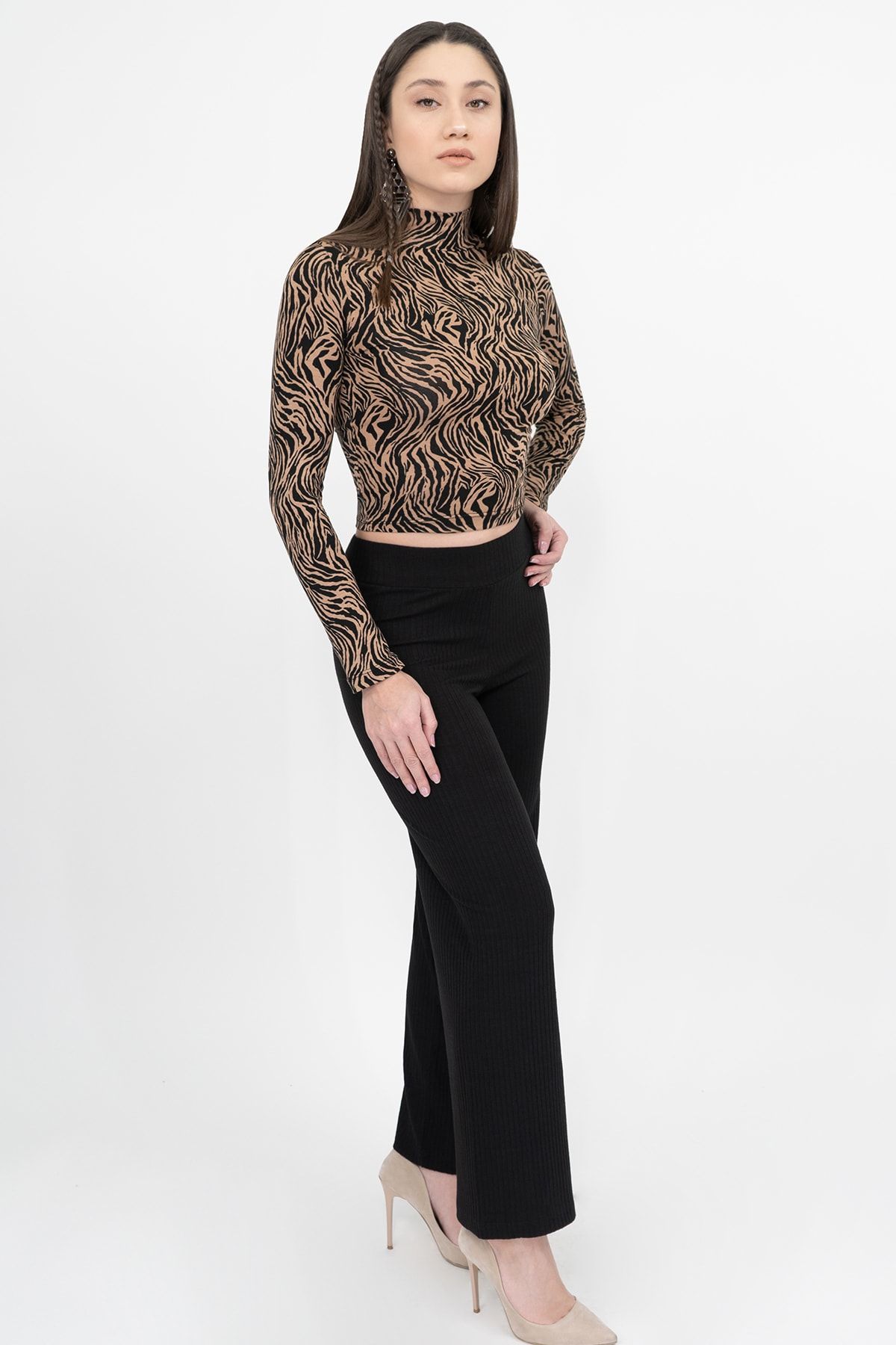 Soyo-Brown Black Zebra Patterned Viscose Half Turtleneck Long Sleeve Blouse 5