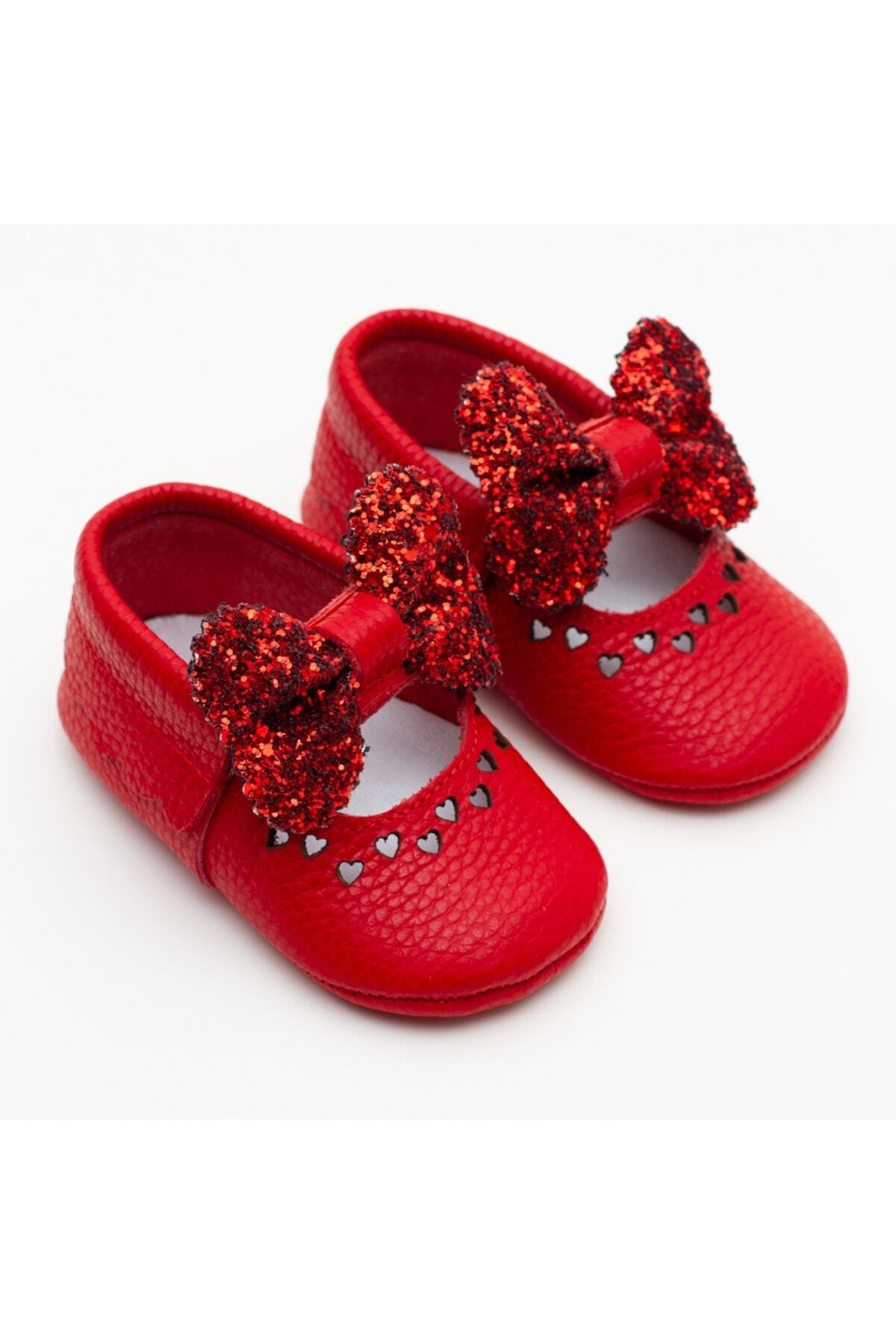 Bibi Loafer Hakiki Deri Kırmızı Fiyonklu Patik Makosen Kız Bebek Ayakkabısı