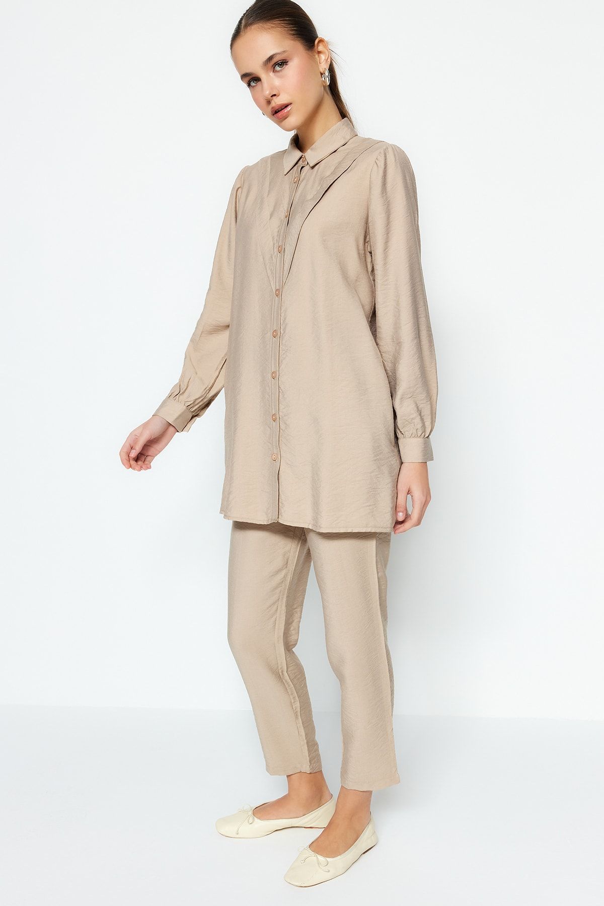 Trendyol Modest-Σετ υφαντό πουκάμισο-παντελόνι Camel Line Look TCTSS23US00079 3