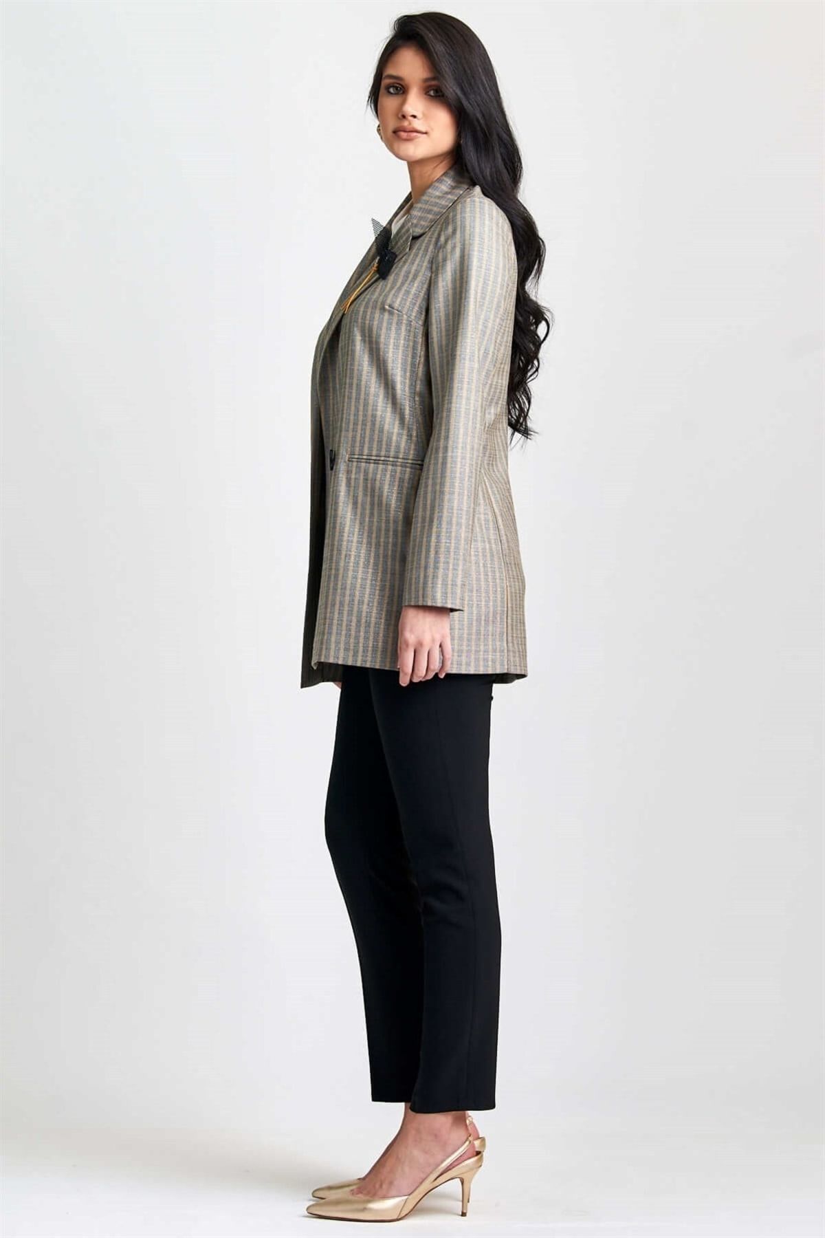 Esswaap-Striped Open Front Double Breasted Buttoned Jacket 4