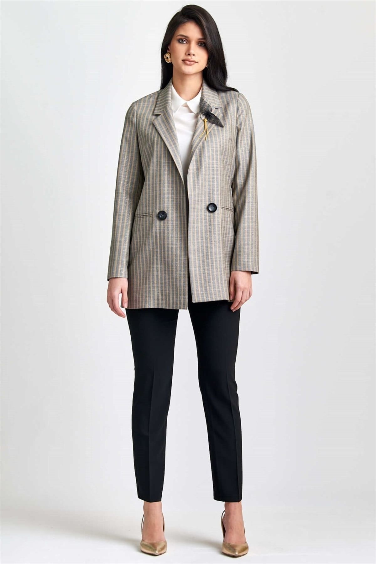 Esswaap-Striped Open Front Double Breasted Buttoned Jacket 5