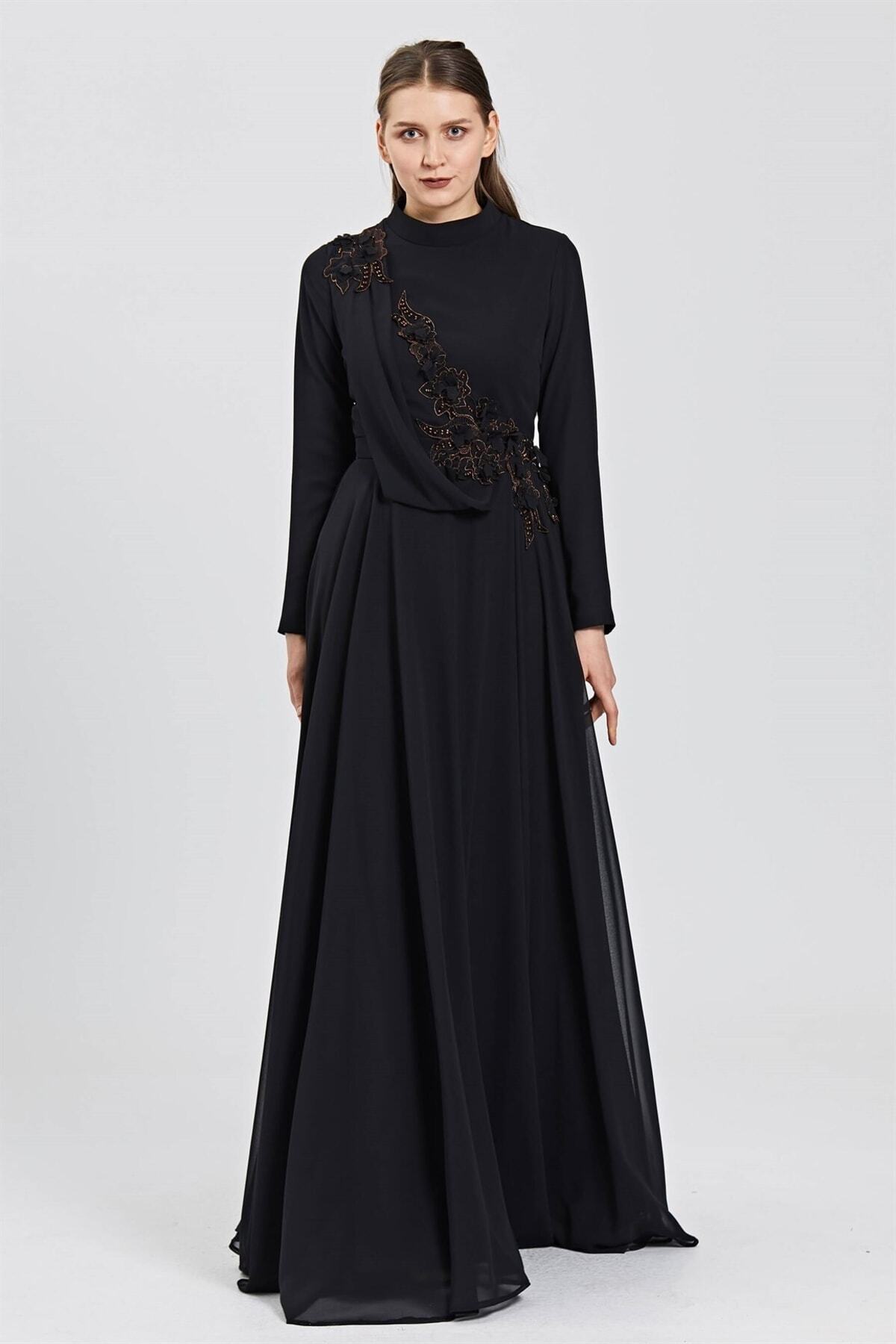 Esswaap-Black Evening Dress with Flower Embroidery, Jewelled Collar and Chiffon 3