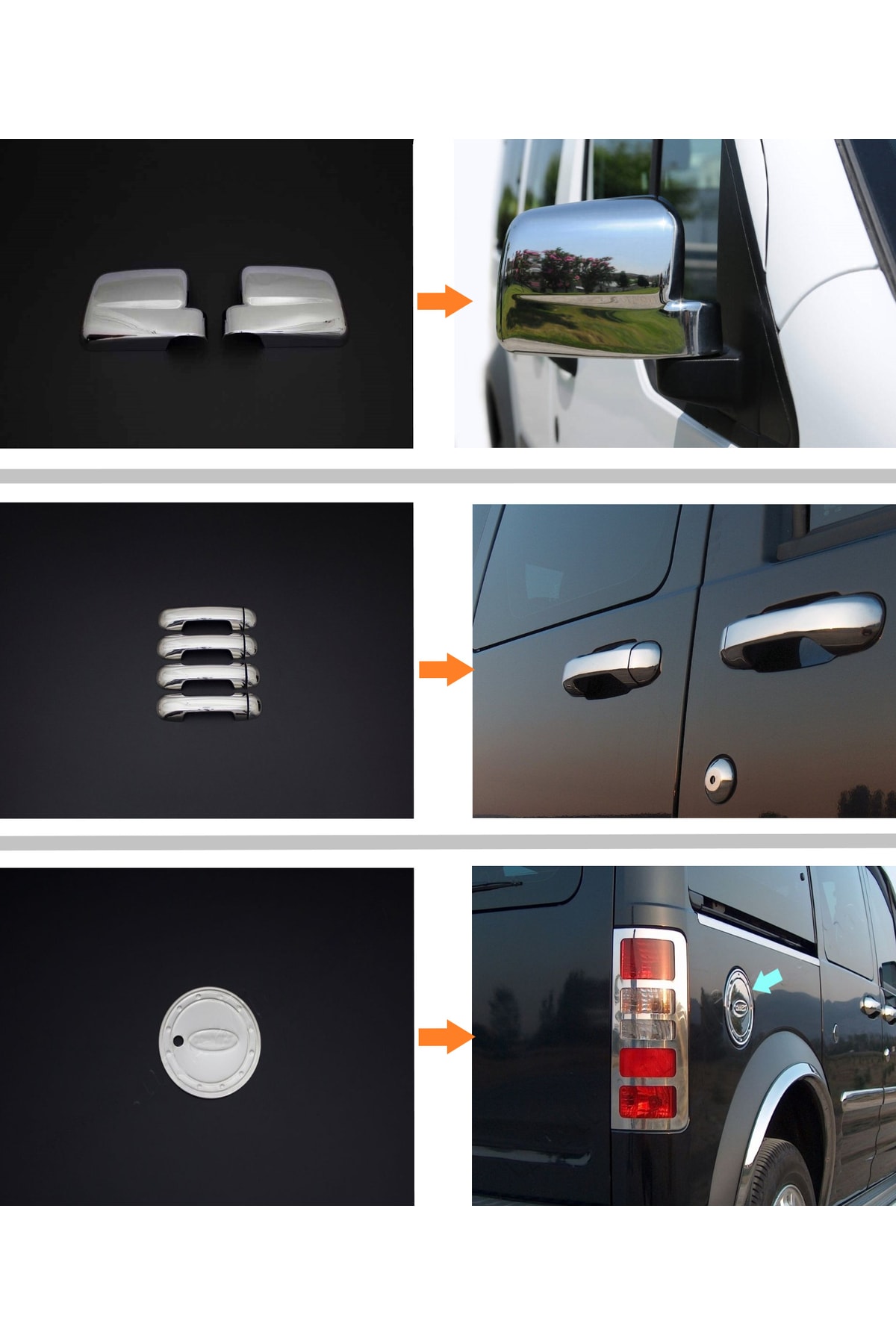 AKTİF OTO KROM Ford Connect Panel Van 2009>2014 Ayna Kapağı Abs Krom + Kapı Kolu P. Celik + Depo Kapağı [3'lü Set]