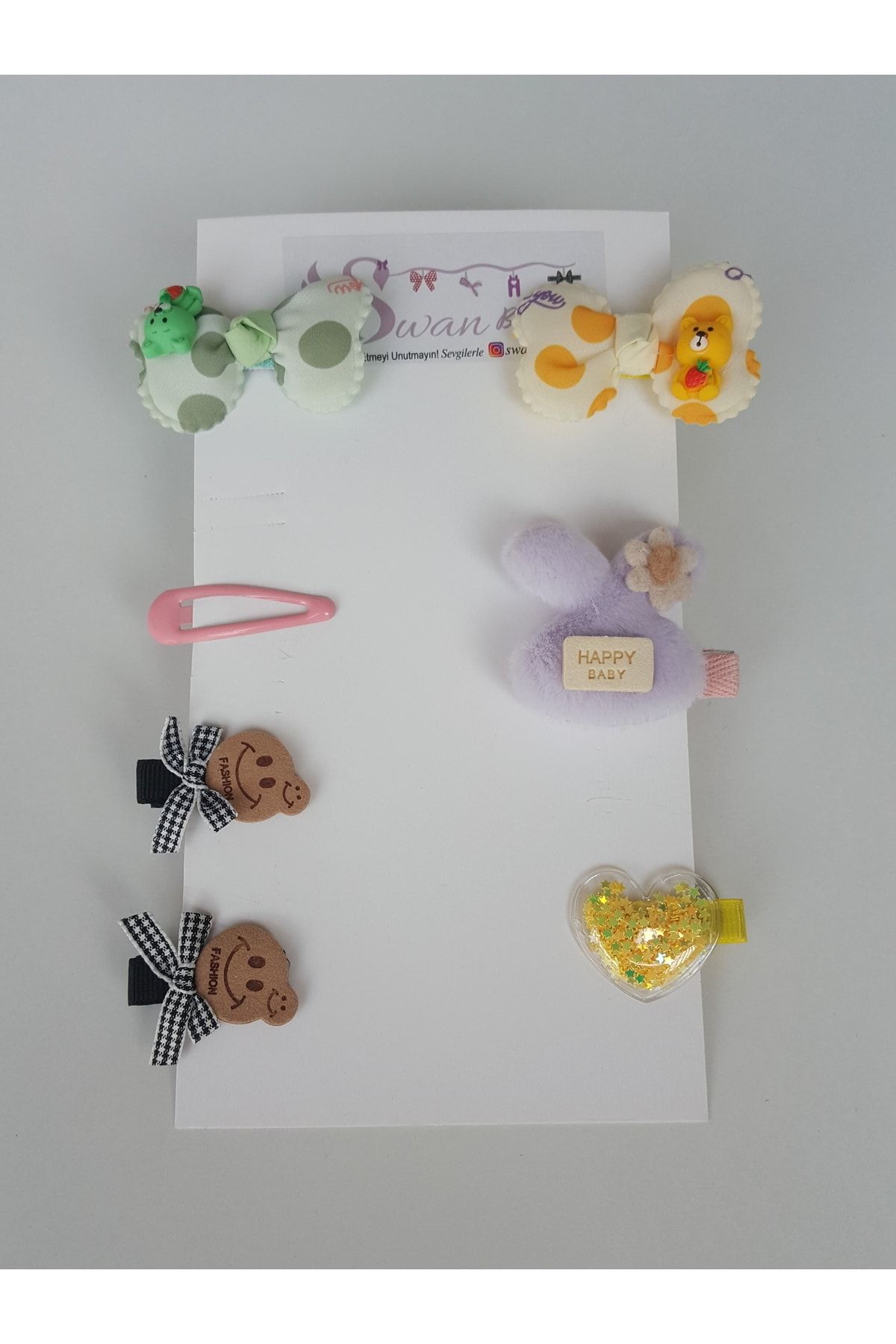 swan butik-Swan Butuik Girl Child Baby Buckle Set Bow Furry Rabbit Smiling Face Transparent Heart Buckle Set 7 Pcs 2