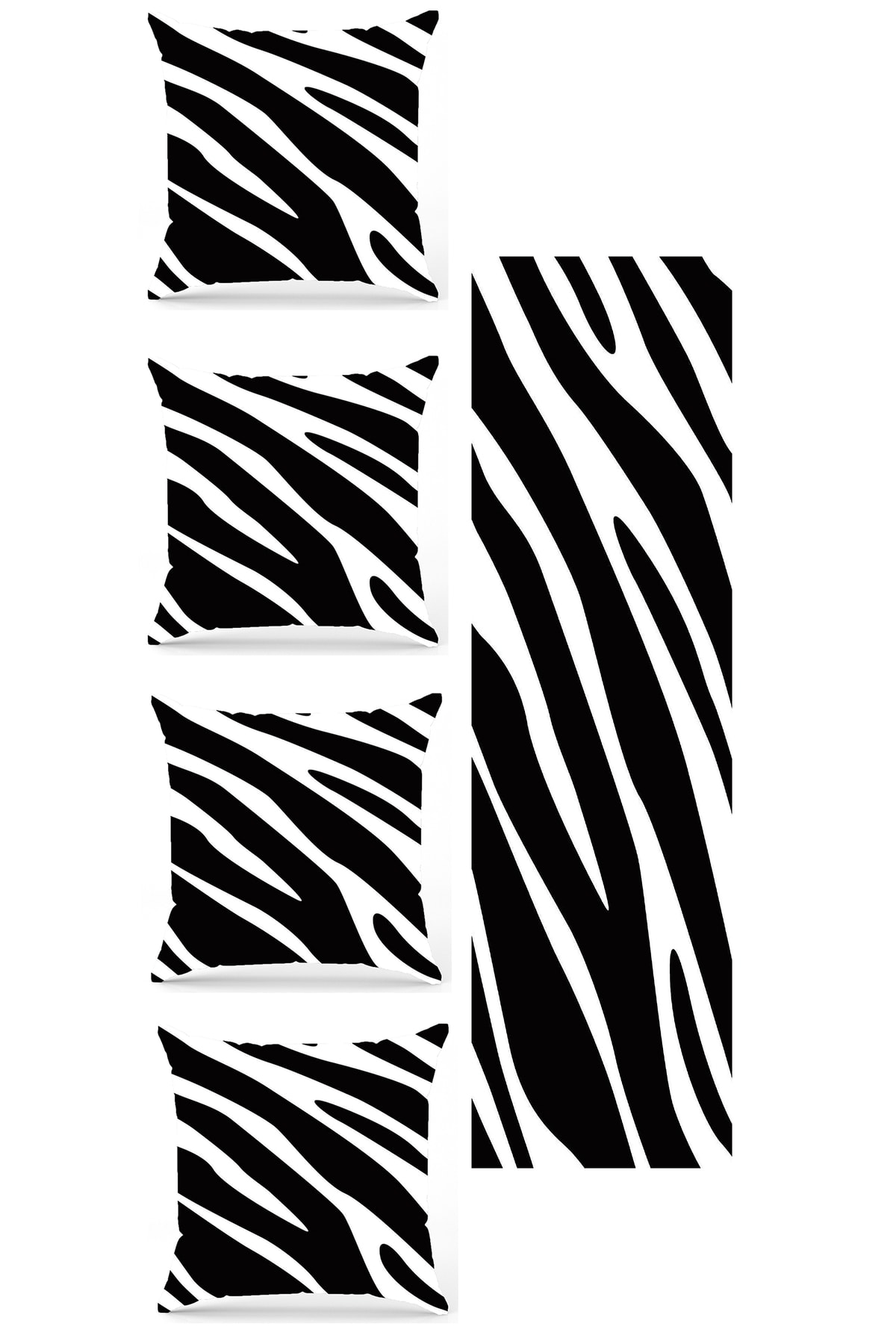 BY Fatih Concept Siyah Beyaz Zebra Desen 5 Parça Çift Taraf Baskılı Özel Tasarım Dekoratif Kırlent Kılıfı Runner Seti