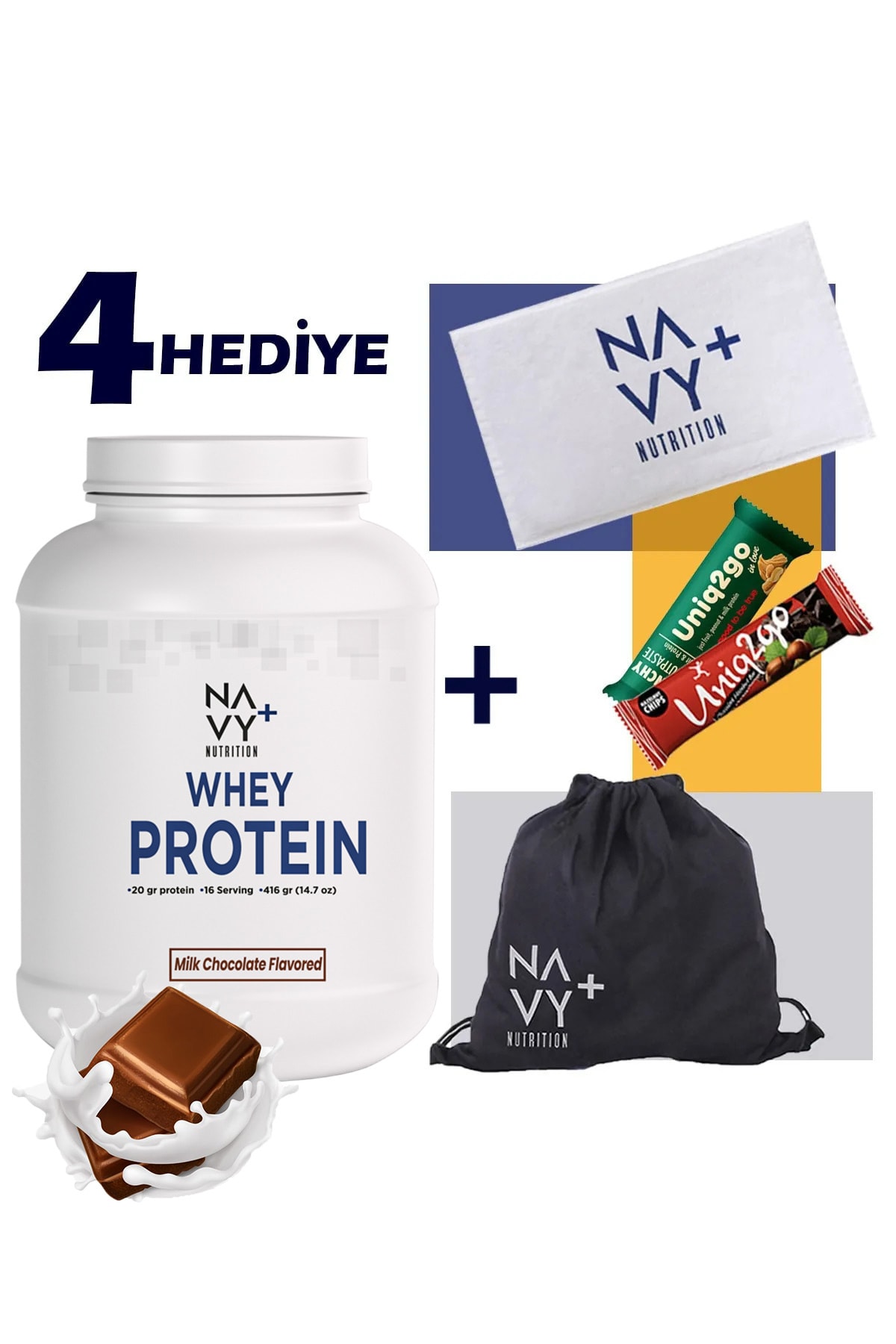 Navy Plus Nutrition Whey Protein Tozu 416 gr Sütlü Çikolata Aromalı Askılı Çanta Havlu 2x Protein Bar