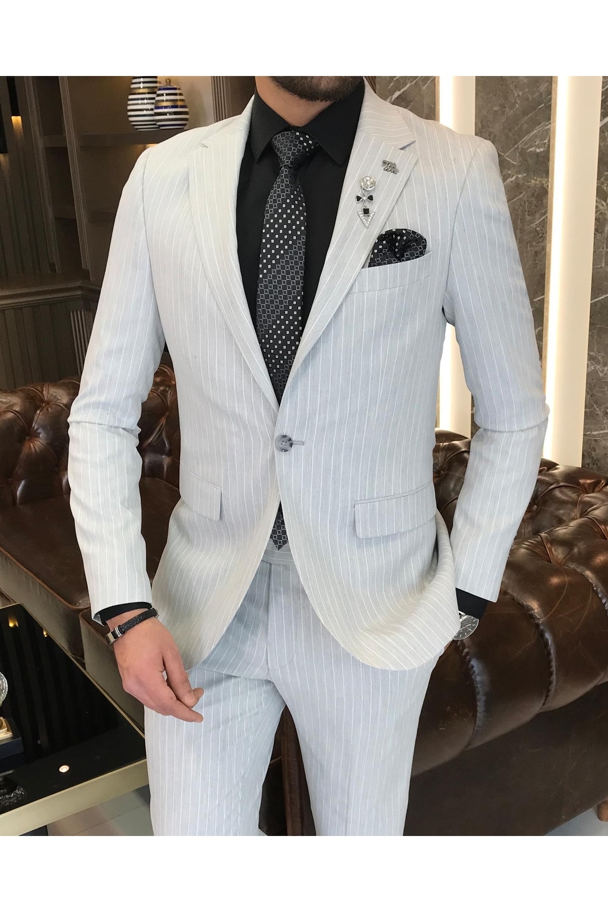 TerziAdemAltun Italyan Stil Slim Fit Çizgili Erkek Ceket Pantolon Takım Elbise Gri T5318