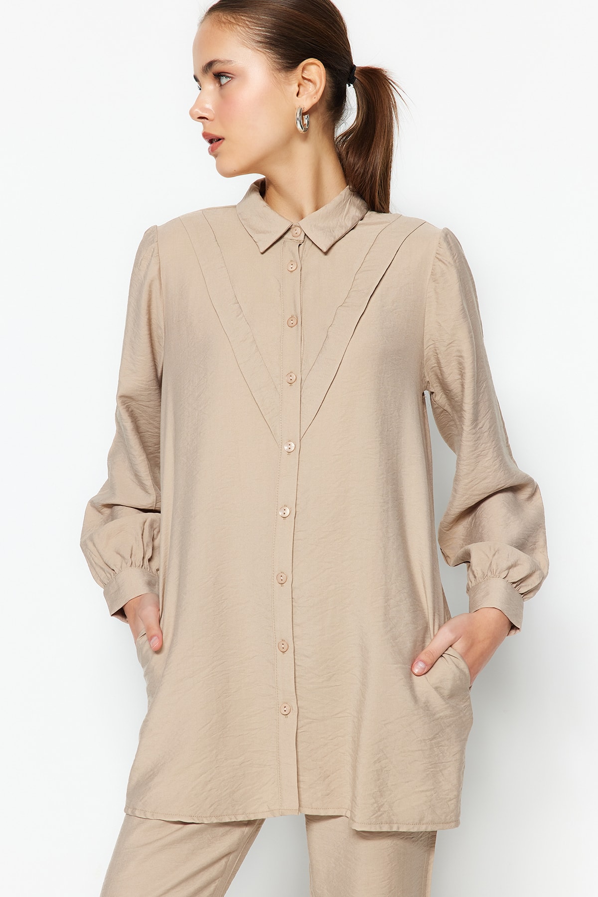 Trendyol Modest Camel Dikiş ve Cep Detaylı Gömlek-Pantolon Dokuma Takım TCTSS23US00079