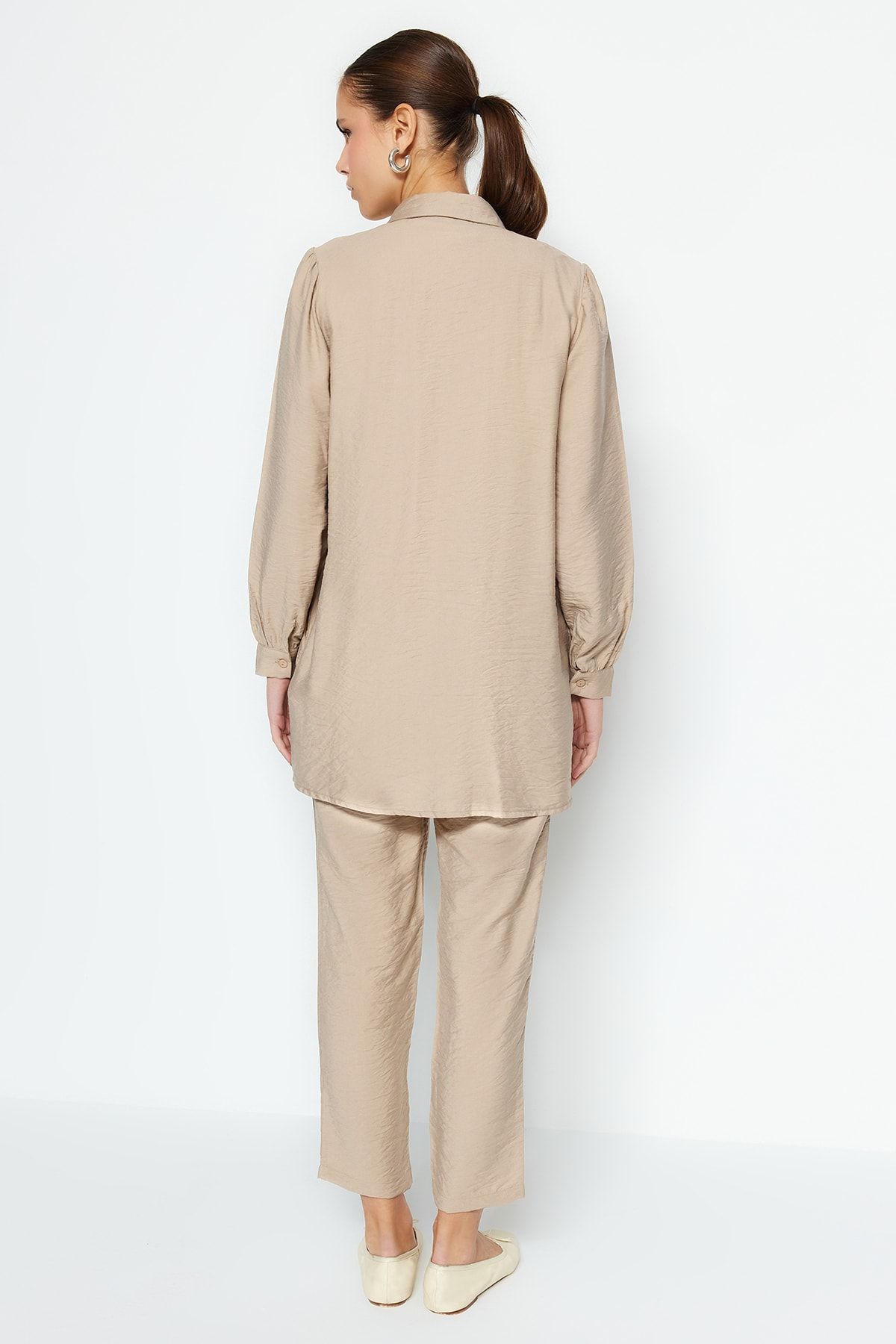 Trendyol Modest-Σετ υφαντό πουκάμισο-παντελόνι Camel Line Look TCTSS23US00079 7