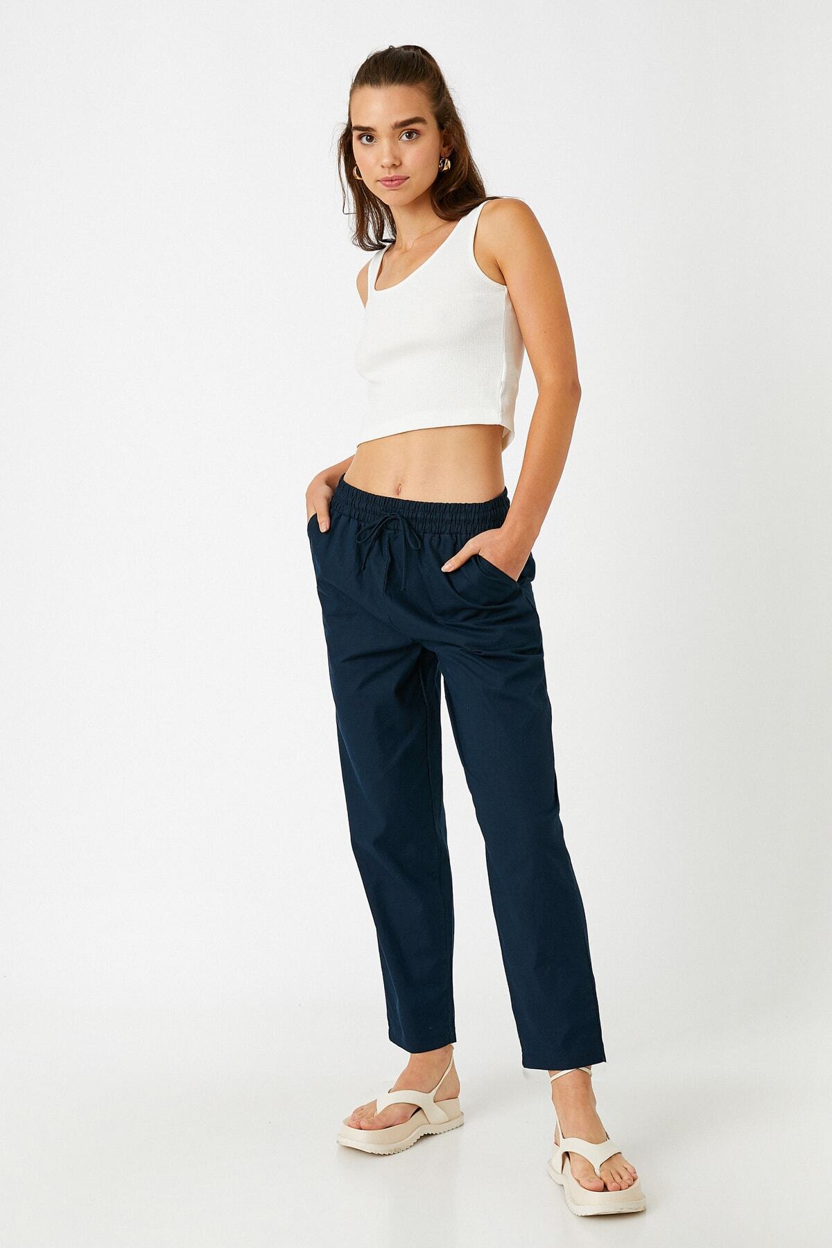 Koton-Pantaloni de in pentru femei cu cravată în talie 2sak40090pw 2