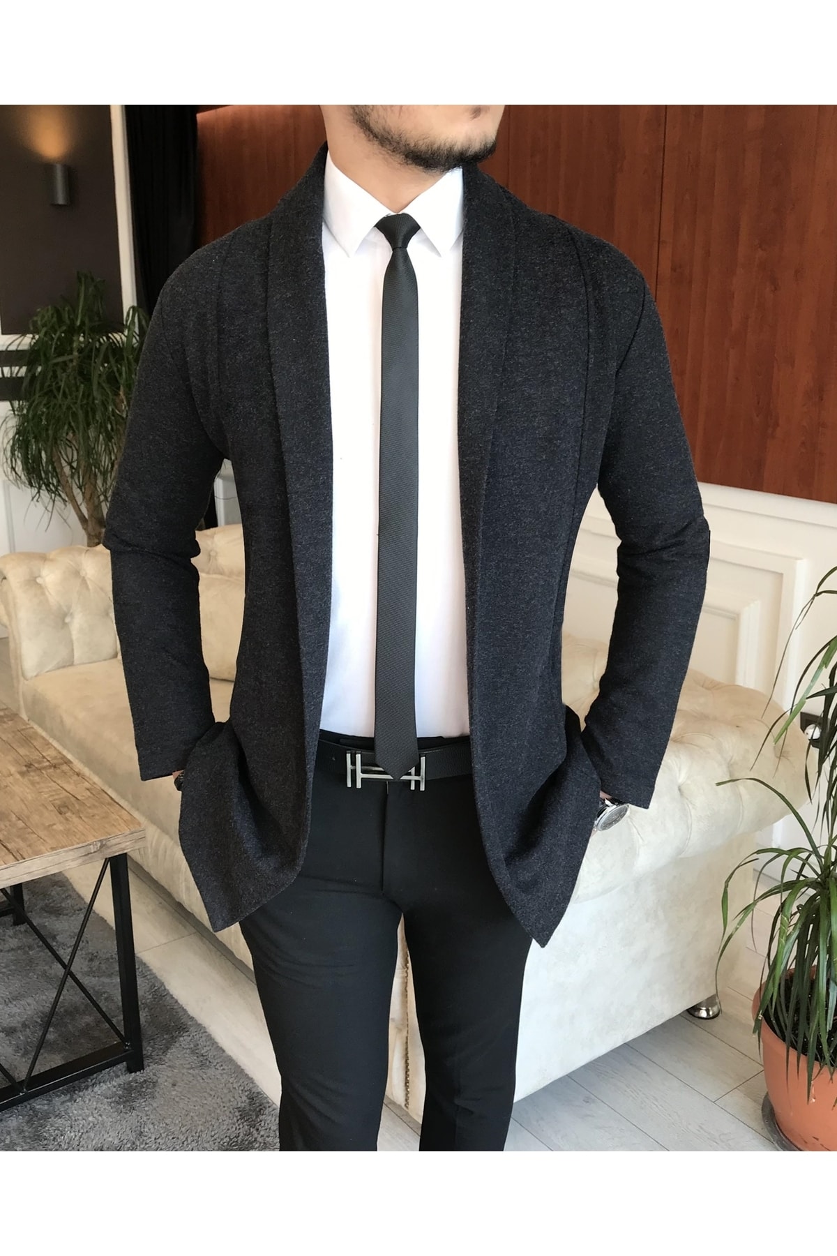 TerziAdemAltun Italyan Stil Slim Fit Erkek Mevsimlik Pamuklu Şal Yaka Hırka Antrasit T6791
