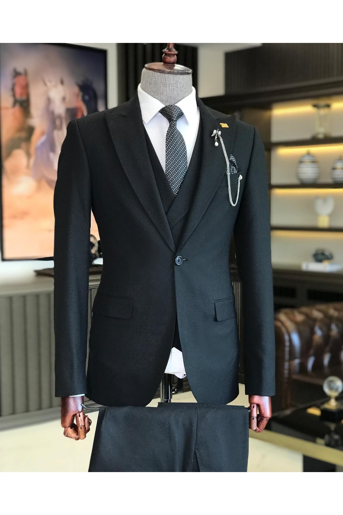 TerziAdemAltun Italyan Stil Slim Fit Erkek Ceket Yelek Pantolon Takım Elbise Lacivert T9124