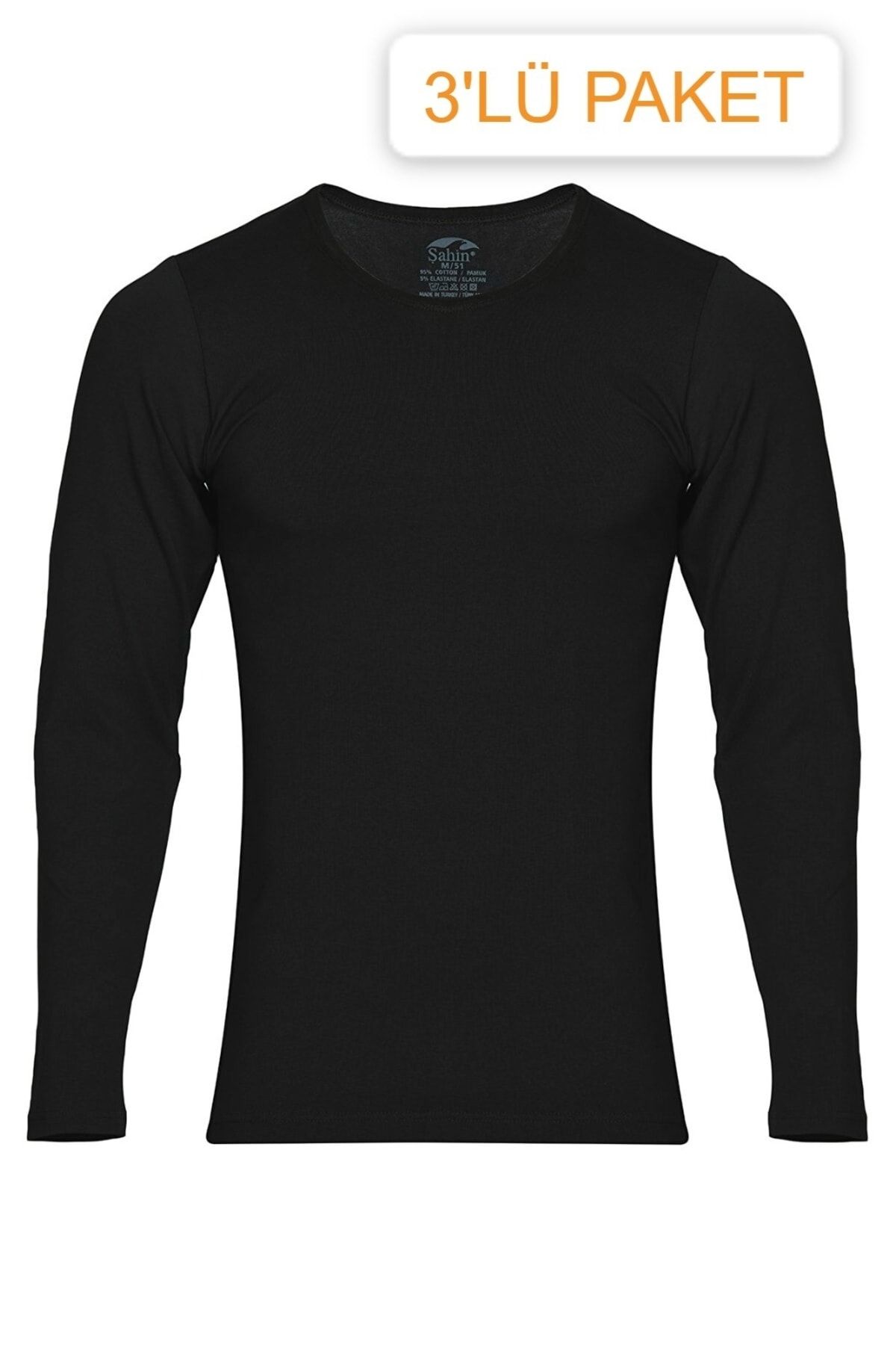 Şahin Body Pentru Bărbați Cu Mânecă Lungă Din Lycra Neagră - Pachet Economic De 3 Masculin - 2XL