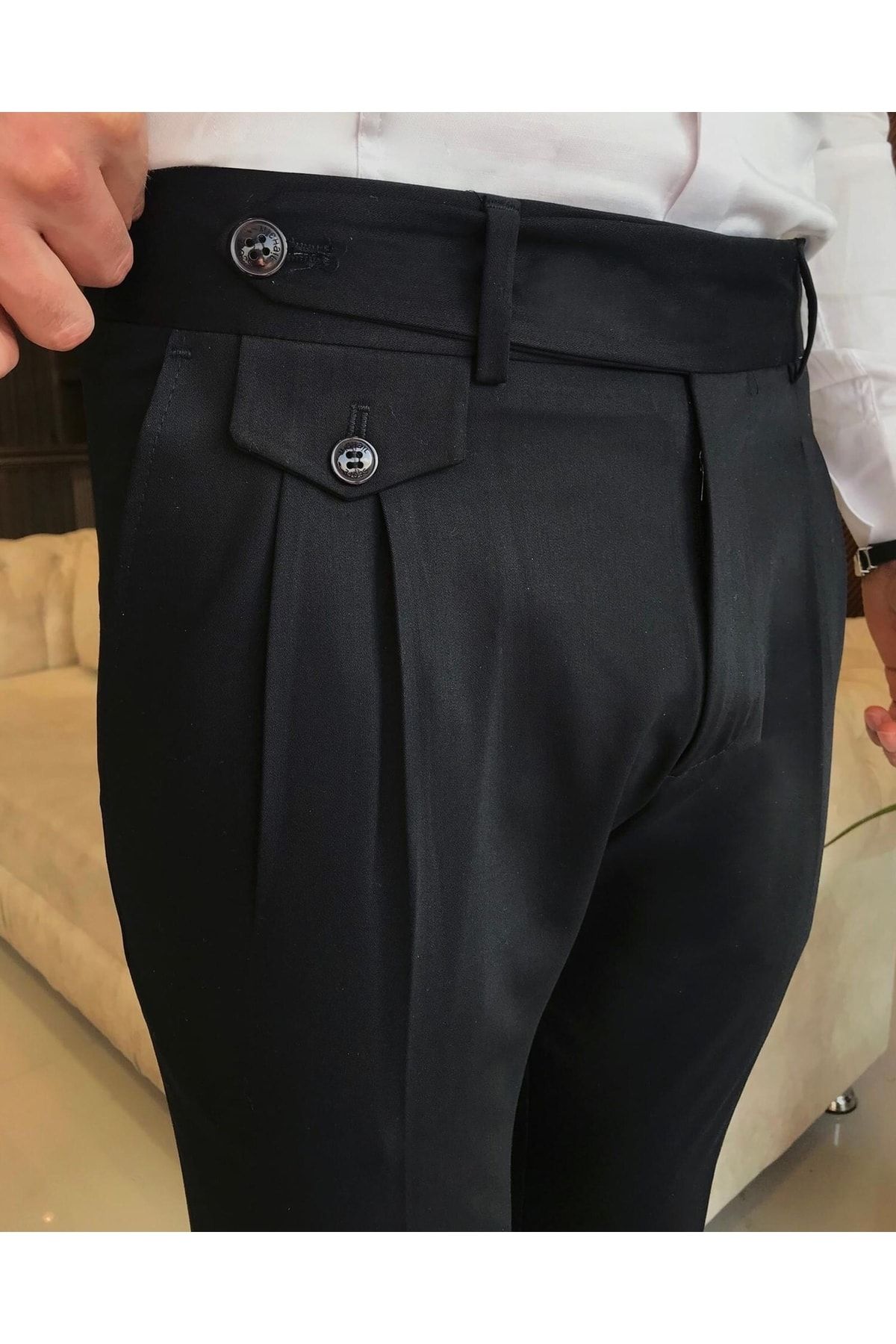 TerziAdemAltun Italyan Stil Slim Fit Erkek Pileli Kumaş Pantolon Siyah AN9907