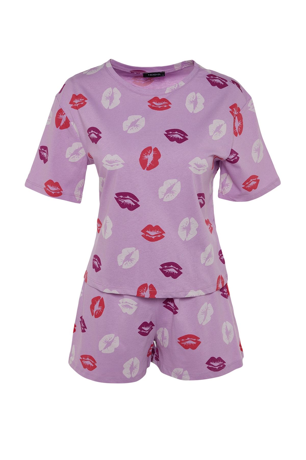 Trendyol Collection-Lila 100% bavlna se vzorem rtů Tričko-Šortky Pletená sada pyžama THMSS21PT0468 6