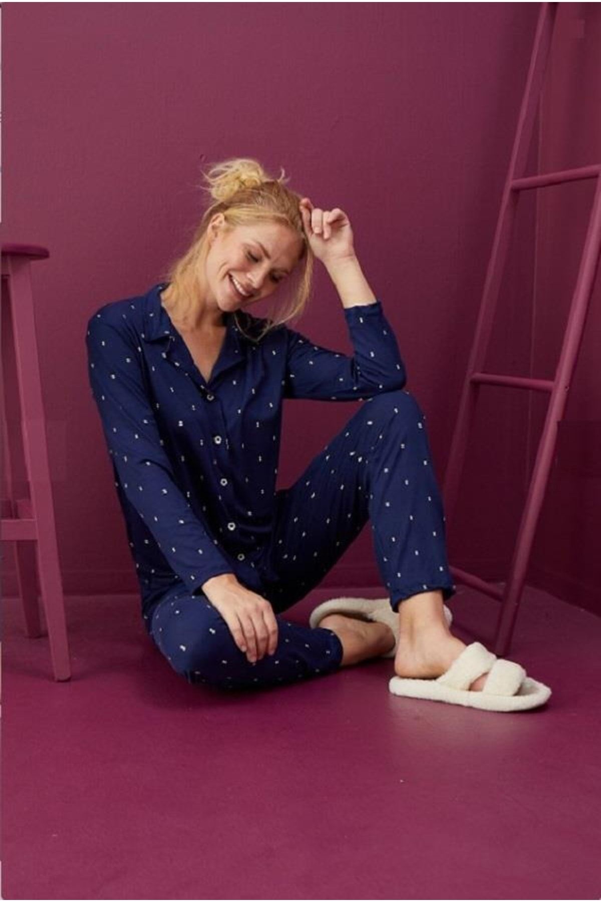 BIES Kadın Bambu Gömlek Yaka Önden Düğmeli Mevsimlik Pijama Takımı