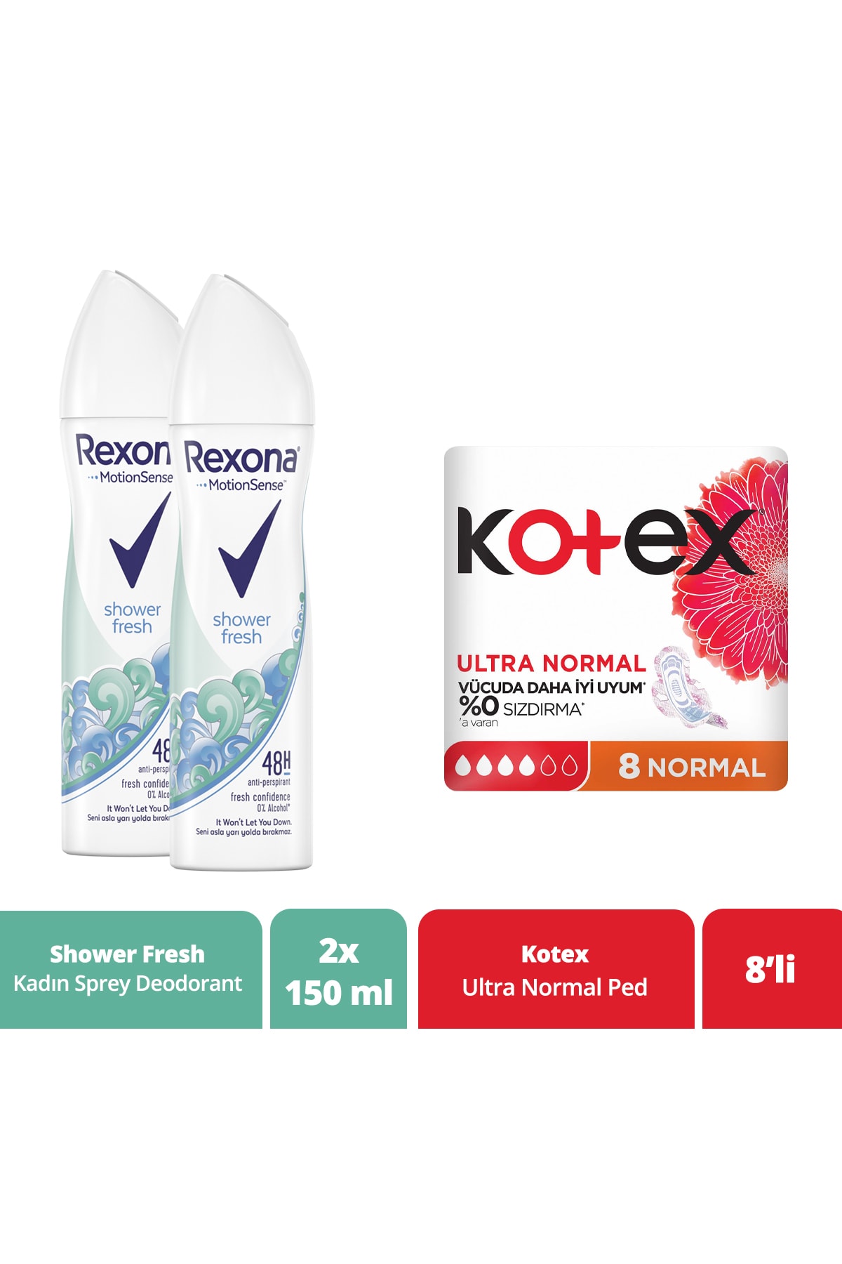 Rexona Antiperspirant Kadın Sprey Deodorant Shower Fresh 150 ml X2 + Kotex Ped Ultra Normal 8'li