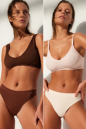 TRENDYOLMİLLA Kahverengi-Nude 2'li Paket Seamless Tanga K&uuml;lot THMAW23KU00139