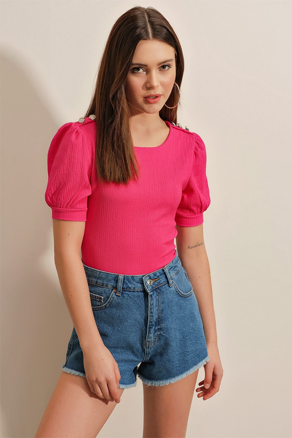 Bigdart-0468 Button Detailed Knitted Blouse - Fuchsia 1