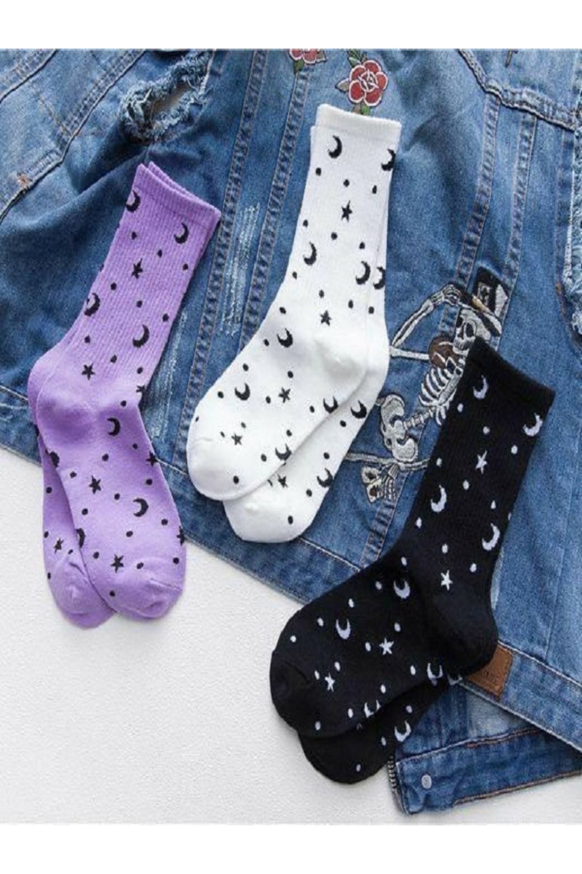 Black Arden Socks 3 Çift Ayyıldız Desenli Mor Renkli Kadın Kolej Çorap