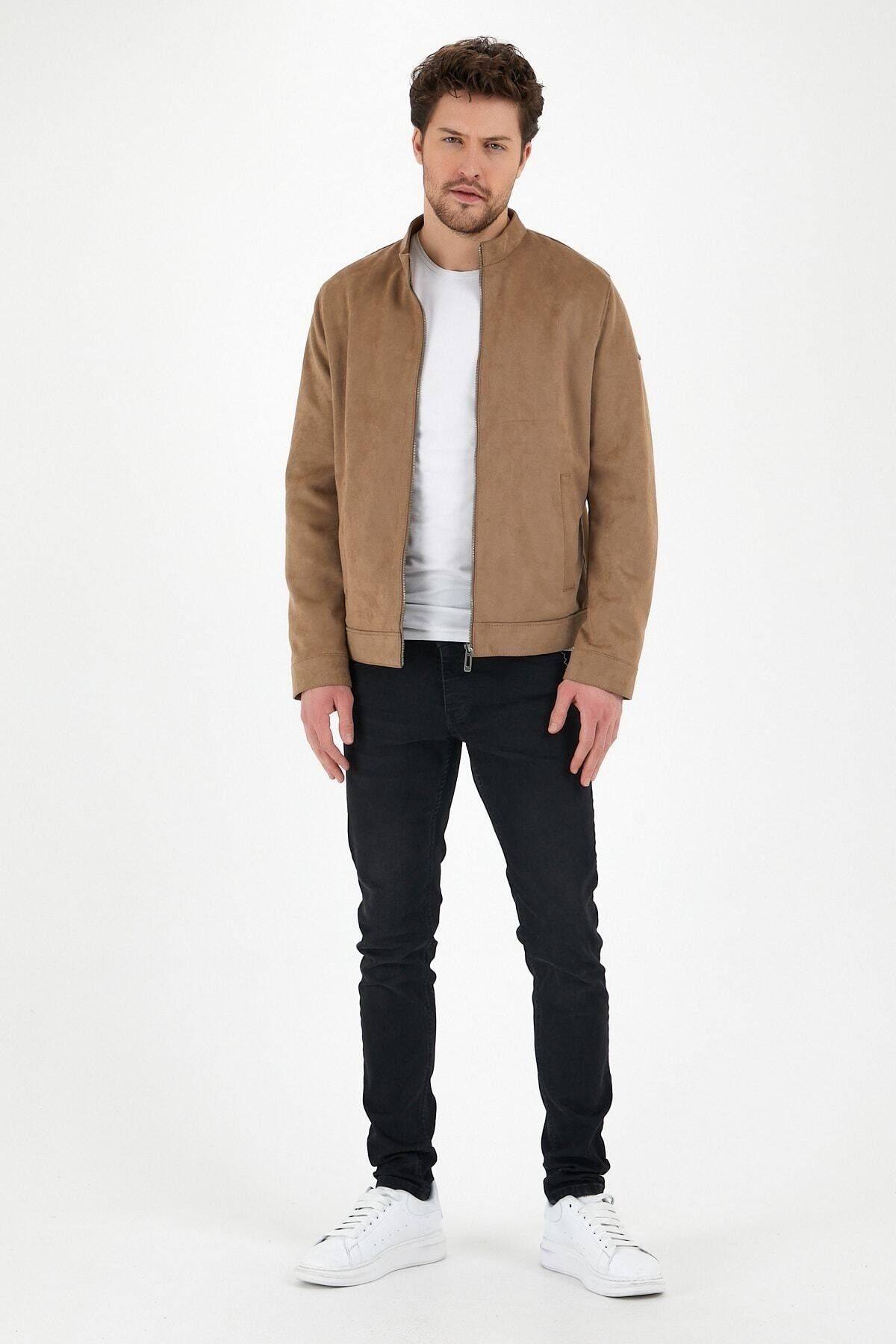 NDER MODA Men s Beige Suede Spring Seasonal College Coat Jacket