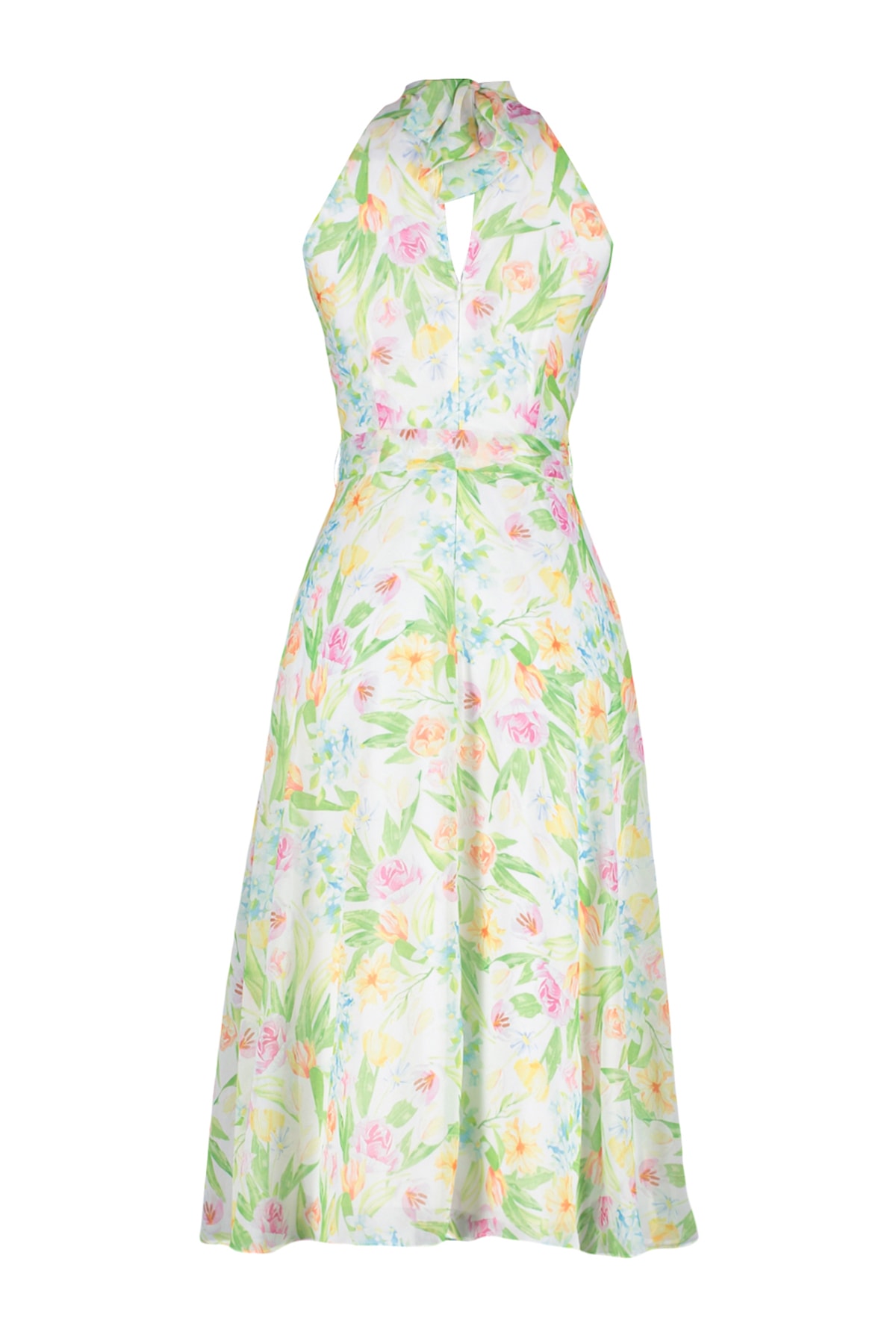 Trendyolmilla  Beyaz Çiçek Desenli Kuşaklı A Kesim Halter Yaka Astarlı Şifon Uçuş Uçuş Midi Elbise TWOSS20EL2536 - Görsel 8