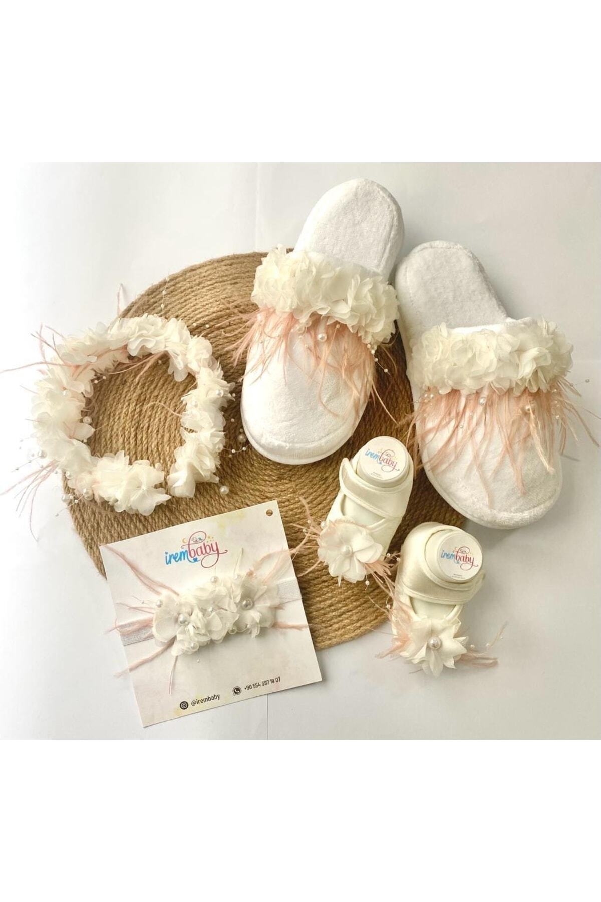 irembaby Anne Bebek Lohusa Seti Pudra Tüylü Incili Lohusa Tacı Bebek Ayakkabısı Bebek Saç Bandı Lohusa Takımı fotoğrafı 2 (önizleme)