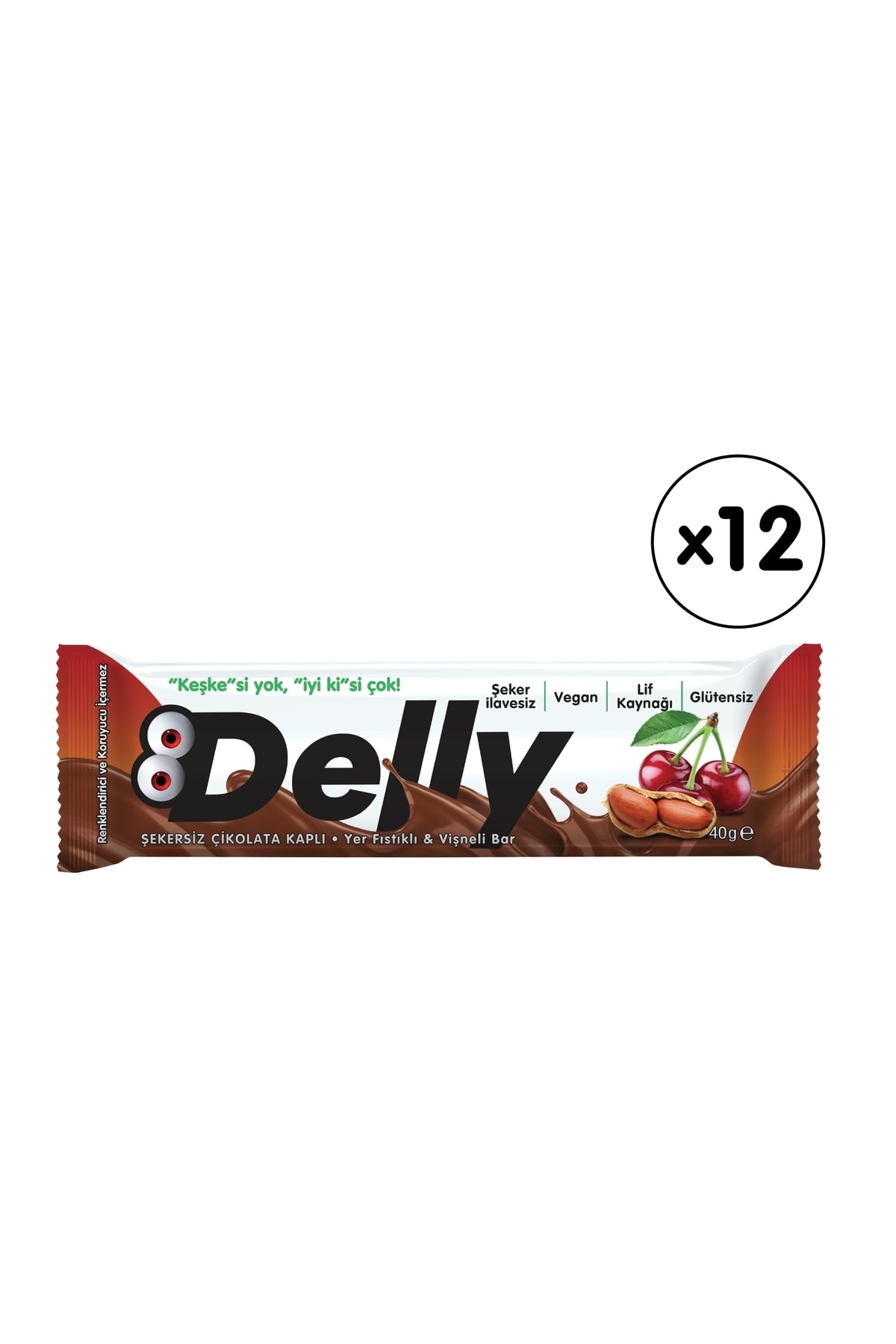 Delly Şekersiz Çikolata Kaplı-yer Fıstıklı & Vişneli Bar 12 X 40 G