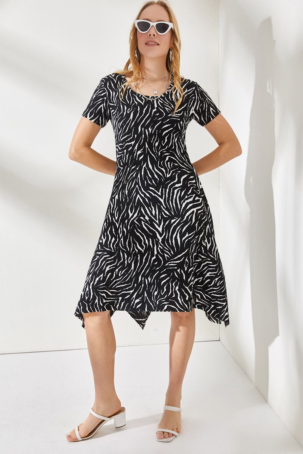 Olalook Women s Black Zebra Asymmetric Skirt Flared Dress ELB