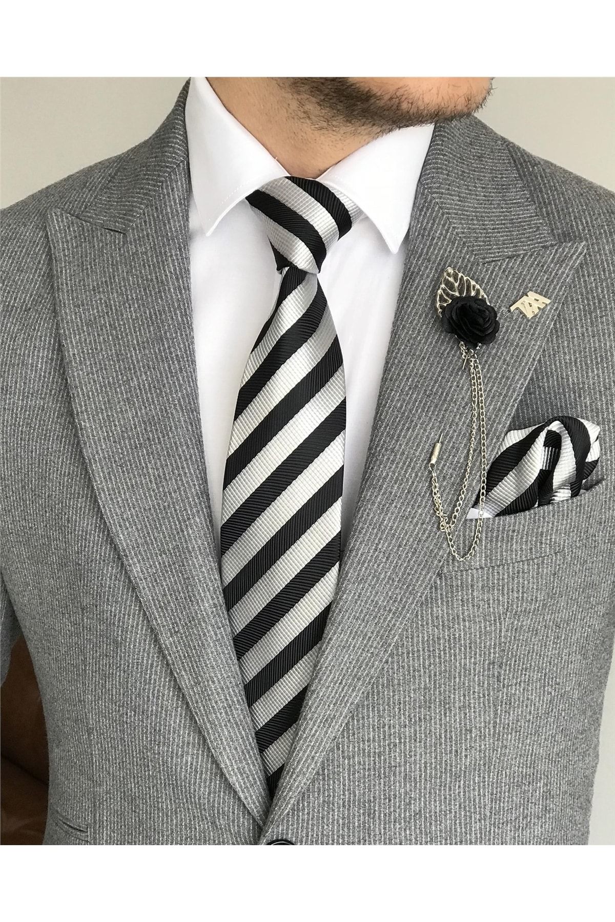TerziAdemAltun Italyan Stil Slim Fit Erkek Çizgili Ceket Pantolon Takım Elbise Gri T7876 MB11413