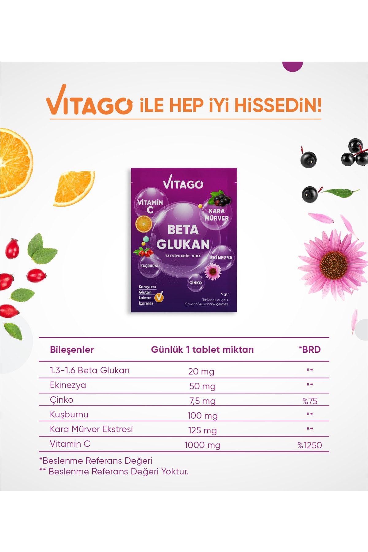 Vitago Beta Glukan Karamürver C Vitamini İçeren Efervesan Saşe ZO8933