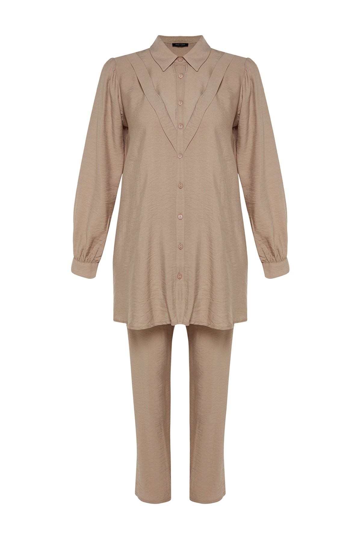 Trendyol Modest-Σετ υφαντό πουκάμισο-παντελόνι Camel Line Look TCTSS23US00079 8