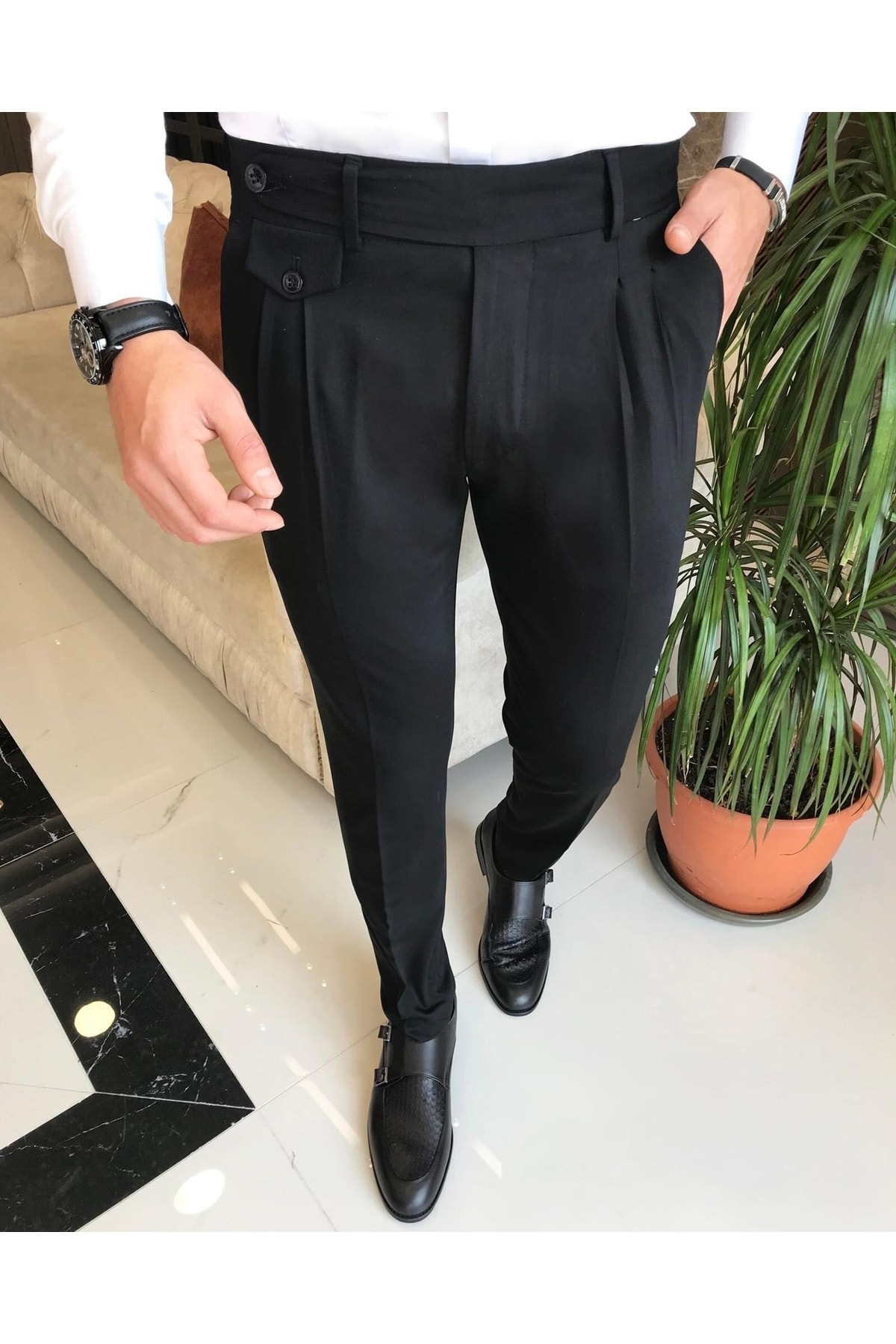 TerziAdemAltun Italyan Stil Slim Fit Erkek Pileli Kumaş Pantolon Siyah AN9907