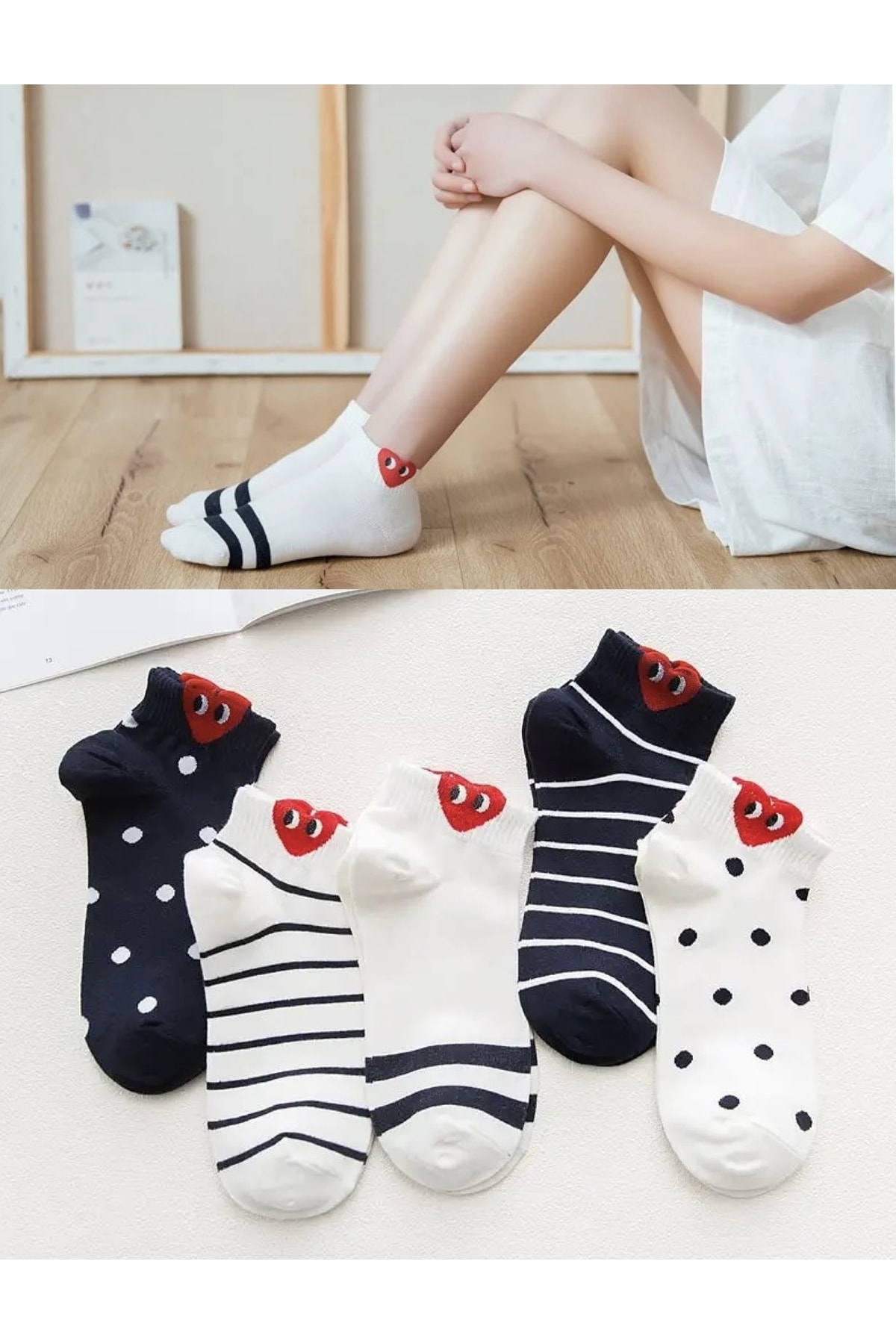 Atacık Çorap 5 Çift Kadın Kalpli Çizgili Desenli Yarım Konç Patik Çorap