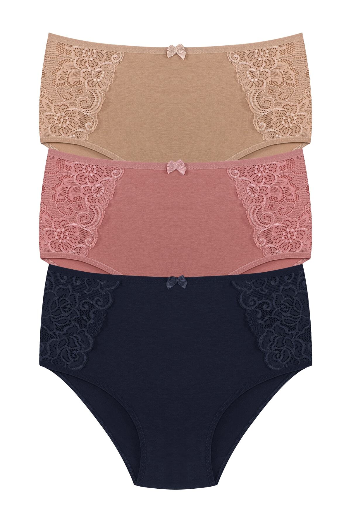 3-Pack Cotton Side Lace Detailed High Waist Plus Size Baton Women's Panties