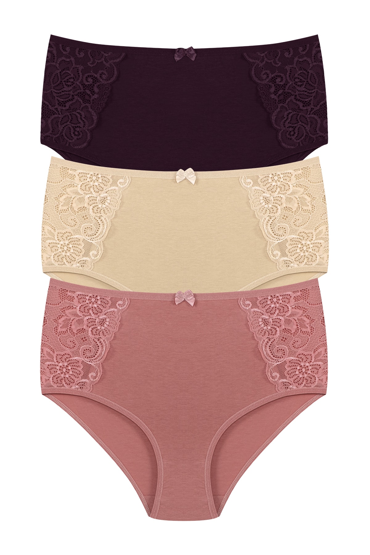 3-Pack Cotton Side Lace Detailed High Waist Plus Size Baton Women's Panties
