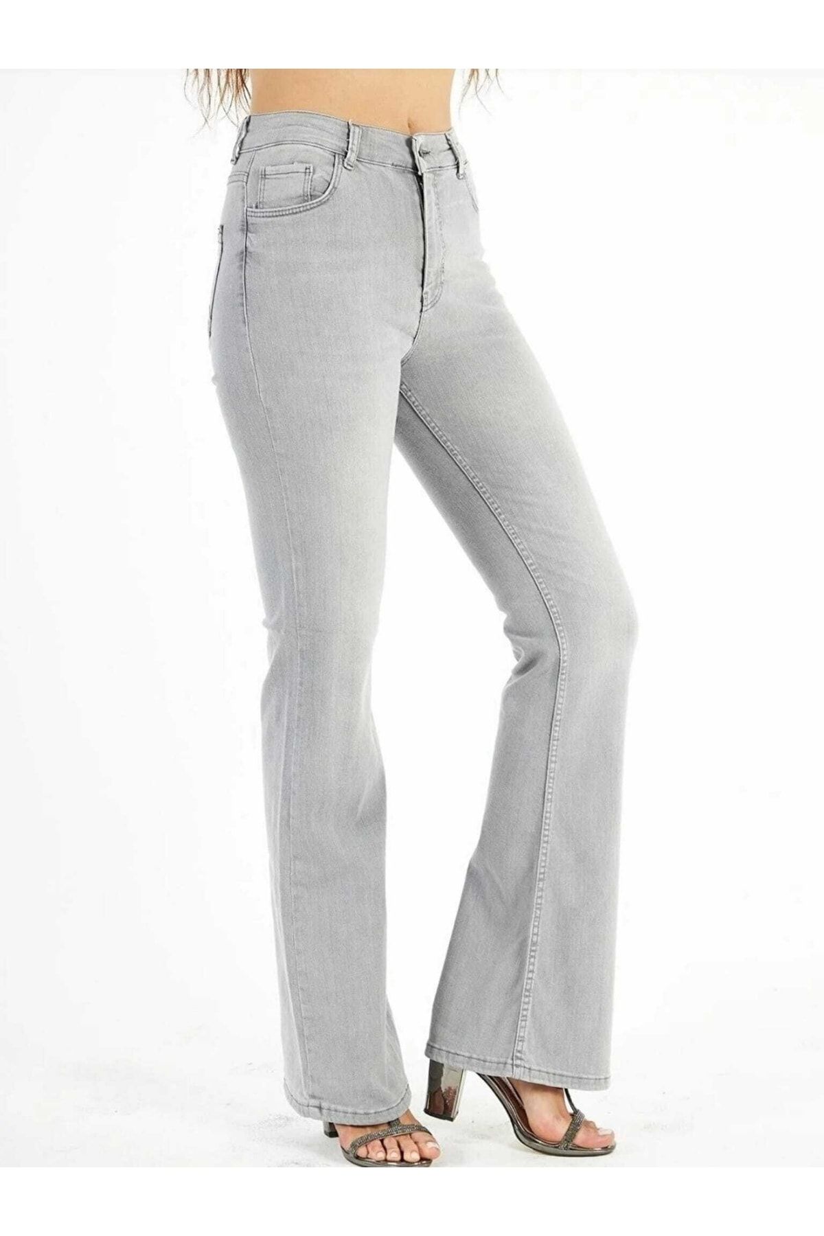 geenz manifacture Light Snow Gray Flare Leg High Waist Power Lycra Jeans -  Trendyol